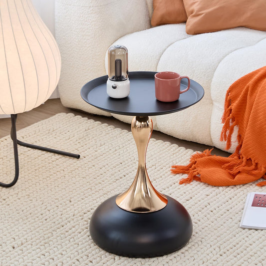 Modern Round Side Table with Gold Pedestal Base, Black Metal Top, Accent End Table for Living Room (Black)