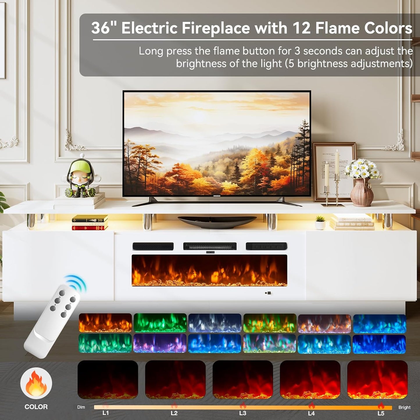 80" Entertainment Center & TV Stand, Modern Media Console with Storage Cabinet, Fits TVs up to 90", Living Room Furniture, 36" Electric Fireplace (All White)