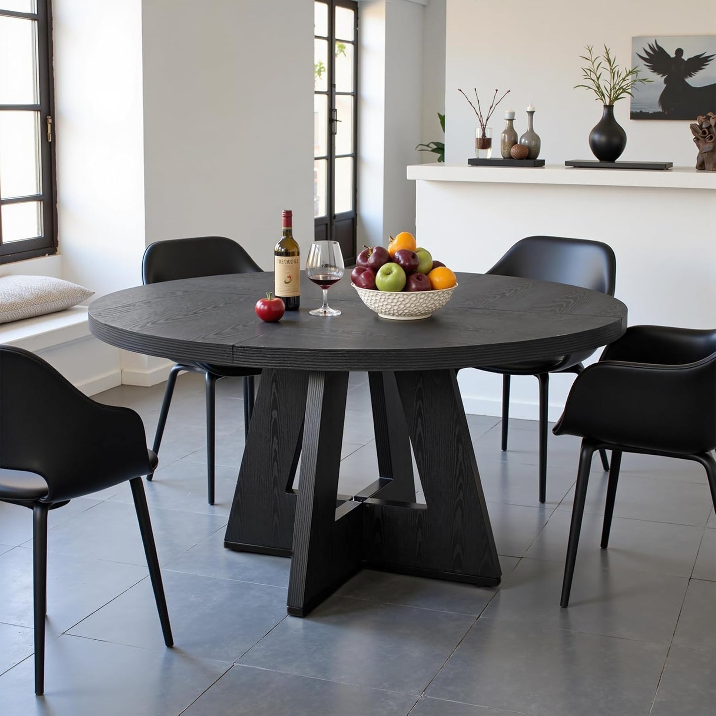 NicBex 47-Inch Round Dining Table for 4, Farmhouse Dinner Table Small Farmhouse Kitchen Tables with Wood Pedestal Base for Dining Room, Kitchen, Living Room, Black