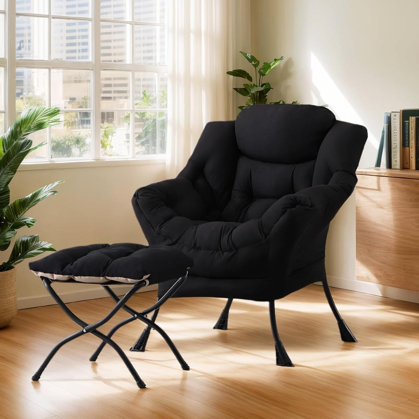 Lazy Chair with Ottoman, Large Modern Lounge Accent Chair with Armrests and Footrest, Reading Armchair with Ottoman, Leisure Sofa Chair for Living Room, Bedroom, Dorm Room, Office（Black）