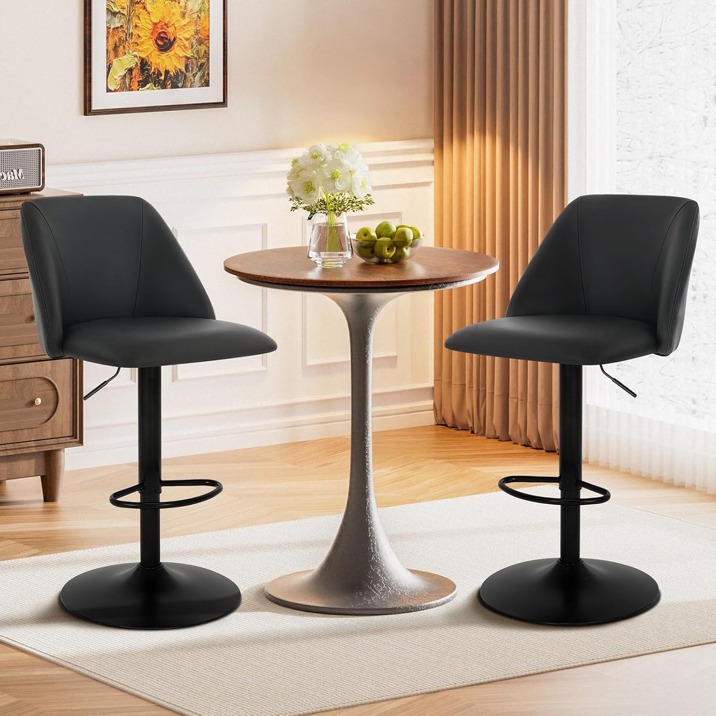 COLAMY Bar Stools Set of 4, Modern Swivel Bar Chairs, Adjustable PU Leather Upholstered Barstools Counter Height with Full Backrest for Bar, Dining Room, Kitchen Island, Black