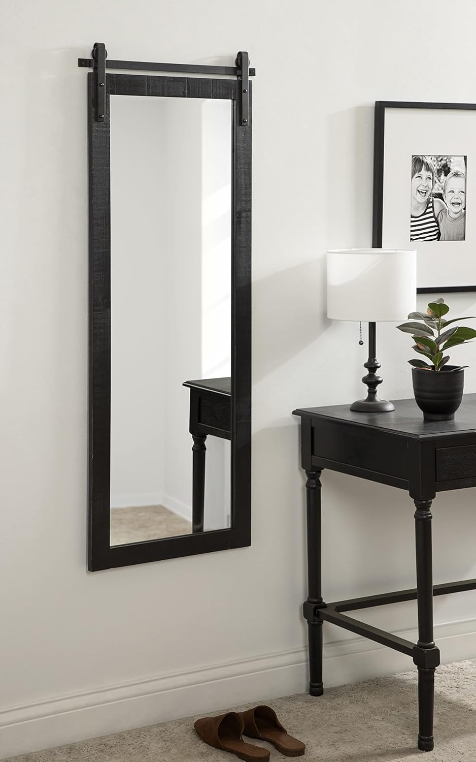 Kate and Laurel Cates Farmhouse Wood Framed Panel Wall Mirror; 18 x 50; Black; Decorative Rustic Barn Door Inspired Wall Mirror Decor With Full Length Size