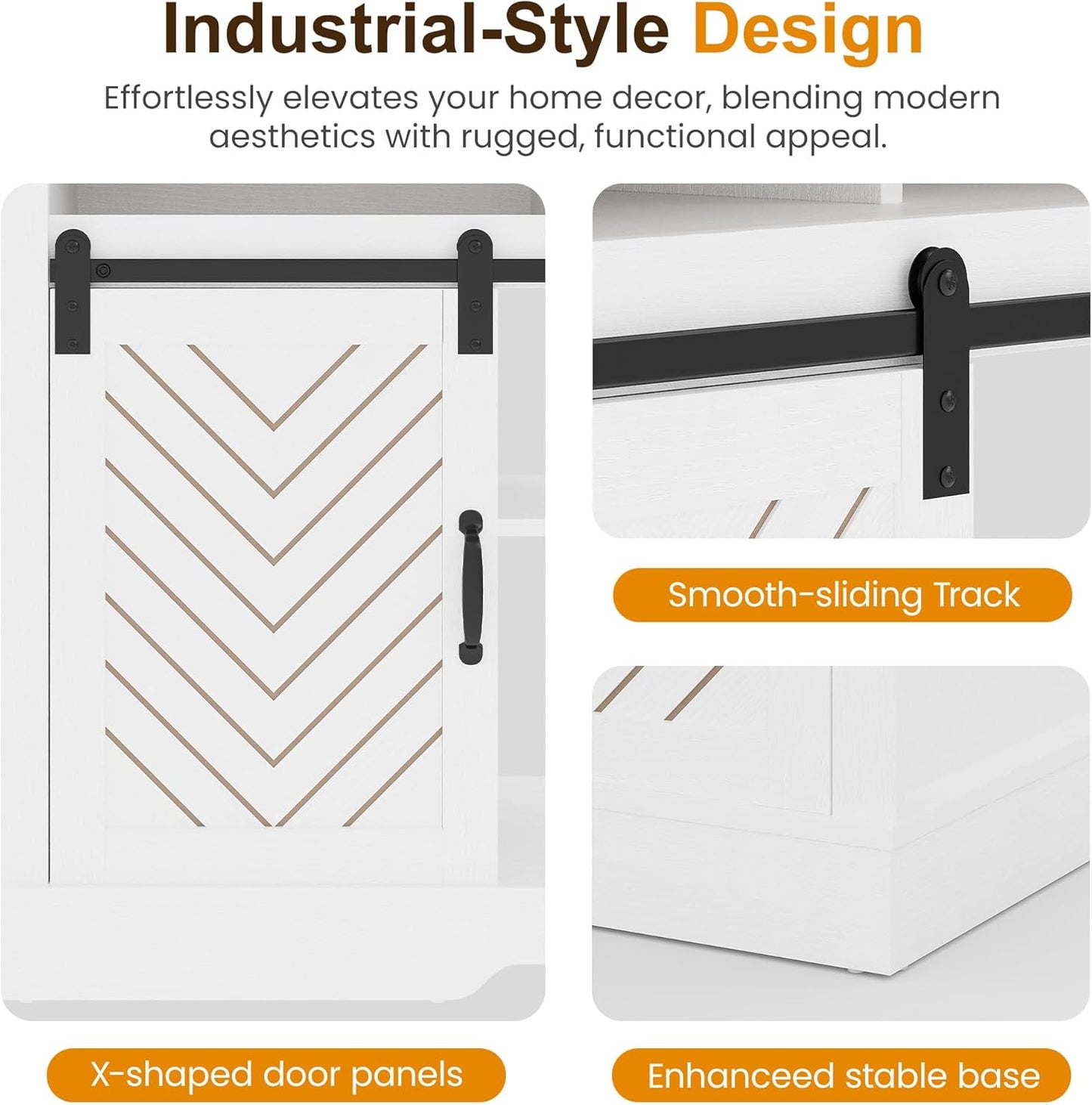 RoyalCraft Farmhouse TV Stand for 23" Electric Fireplace, Tall Entertainment Center for 65+ Inch TV, 34" Tall Rustic TV Console with Sliding Bar Door for Living Room, Wood-Tone and White