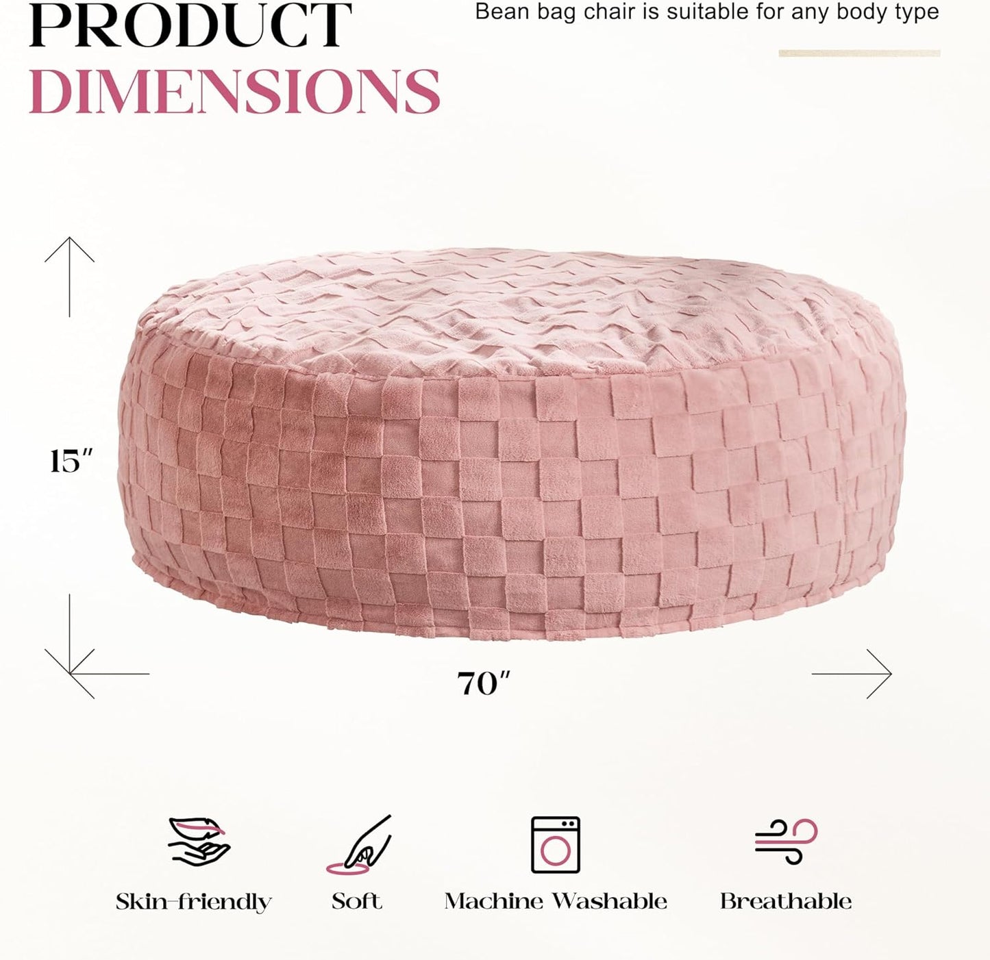 Hobestluk Bean Bag Chairs Beanbag Chair with Filler Adult Bean Bags with Fluffy Cover, Giant Bean Bag Chairs for Adults for Living Room, Bedroom (Pink, 6FT - 70" x 70" x 15")