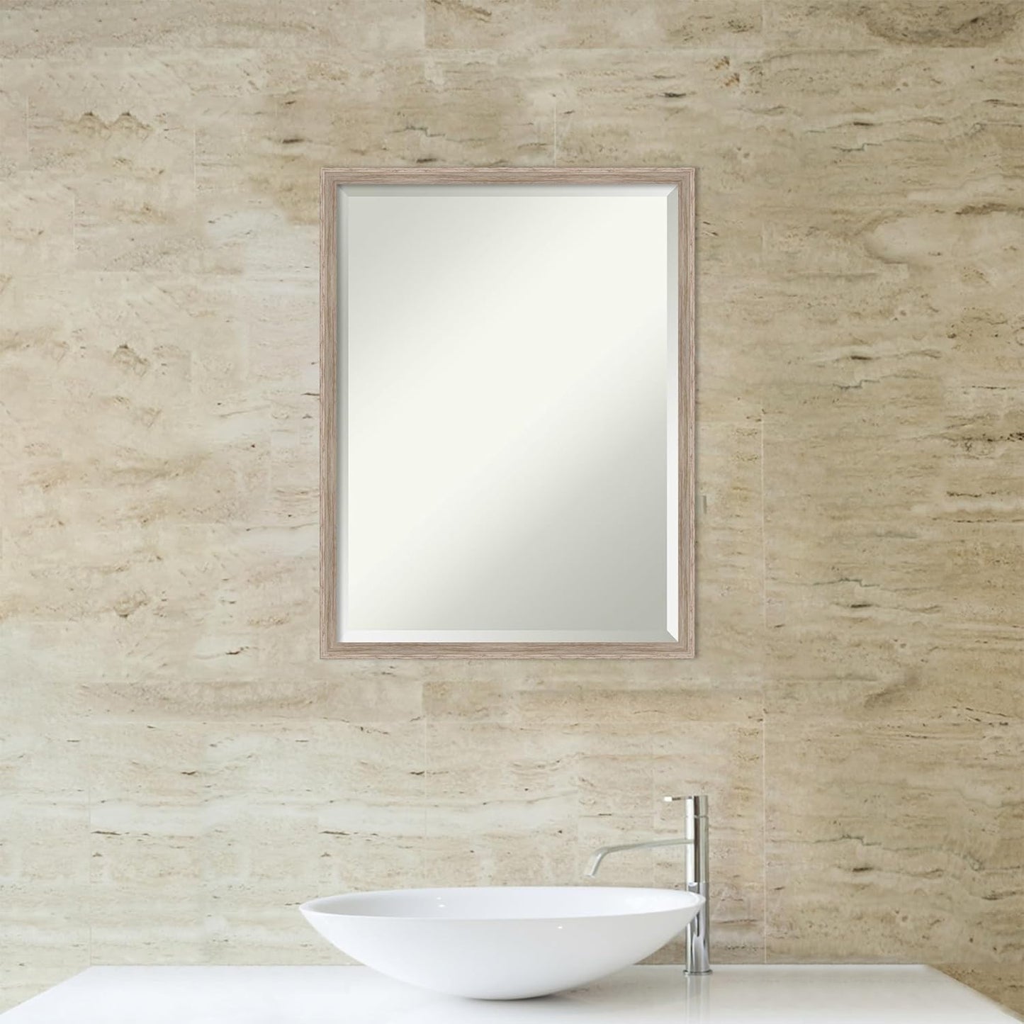 Amanti Art White Bathroom Mirror for Over Sink, 25x19 Hardwood Wedge White Wash Rectangle Vanity Mirror, Medium Country Rustic Wood Frame, Hangs Horizonally and Vertically, Bathroom Wall Decor,