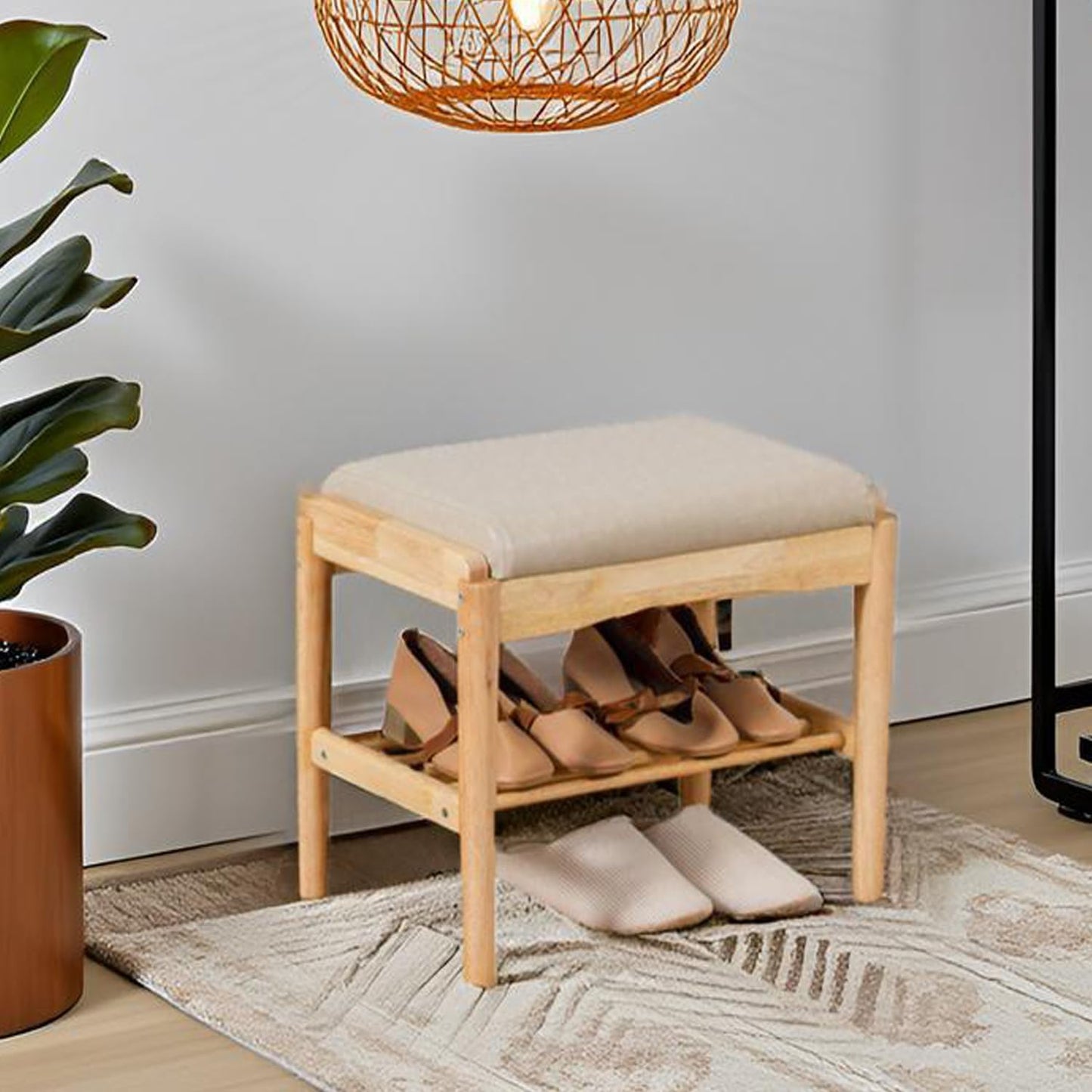 latifolia Small Shoe Bench, Solid Wood Bench with Cushion, 2 Tier Shoe Storage Organizer for Entryway(Nature,17.71''L)