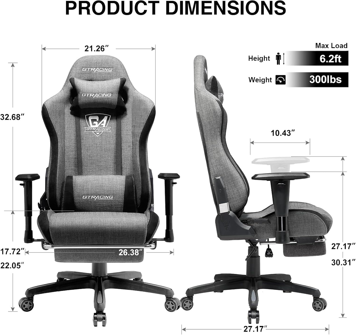 GTRACING Gaming Chair with Footrest, Fabric Breathable Big and Tall Ergonomic Computer Chair 350 lbs with Adjustable Lumbar Support and Recliner，High Back Game Chair for Office Gaming, Grey