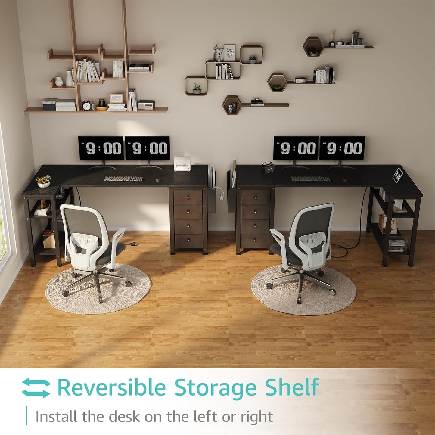 Lufeiya L Shaped Gaming Desk with Drawers & Storage Shelves, 55 Inch Corner Computer Desk with Power Outlet for Home Office Bedroom, L-Shaped Teen PC Desks with Fabric Drawer, Black