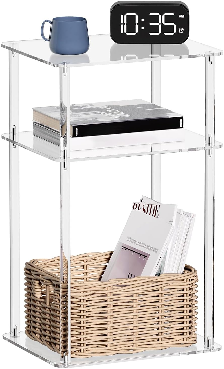 HMYHUM Acrylic Side Table for Small Spaces, 14" L x 11.5" W x 23.2" H, Nightstand/Bedside Table, Home Accent End Table for Living Room, Bedroom, 3 Tier, Clear