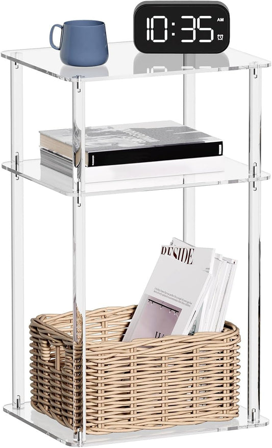HMYHUM Acrylic Side Table for Small Spaces, 14" L x 11.5" W x 23.2" H, Nightstand/Bedside Table, Home Accent End Table for Living Room, Bedroom, 3 Tier, Clear