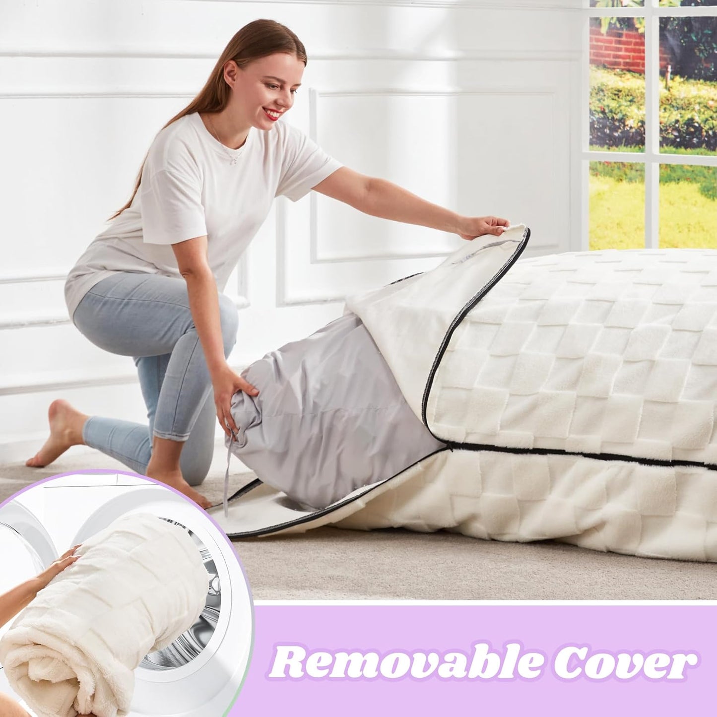 Hobestluk 3 in 1 Bean Bag Chair Giant Bean Bag Chairs for Adults with Plaid Cover Convertible Bean Bag Floor Cushion with Machine Washable Cover for Living Room (Plaid White)