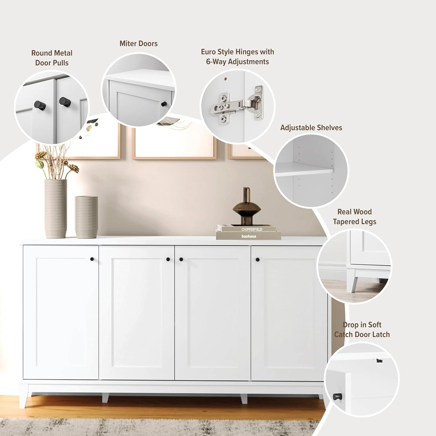 Prepac Yaletown 4 Panel Door Console Table with Storage, White Storage Cabinet with Doors and Shelves, Sideboard Storage Cabinet 60" W x 32" H x 16" D, WCBG-2220-1