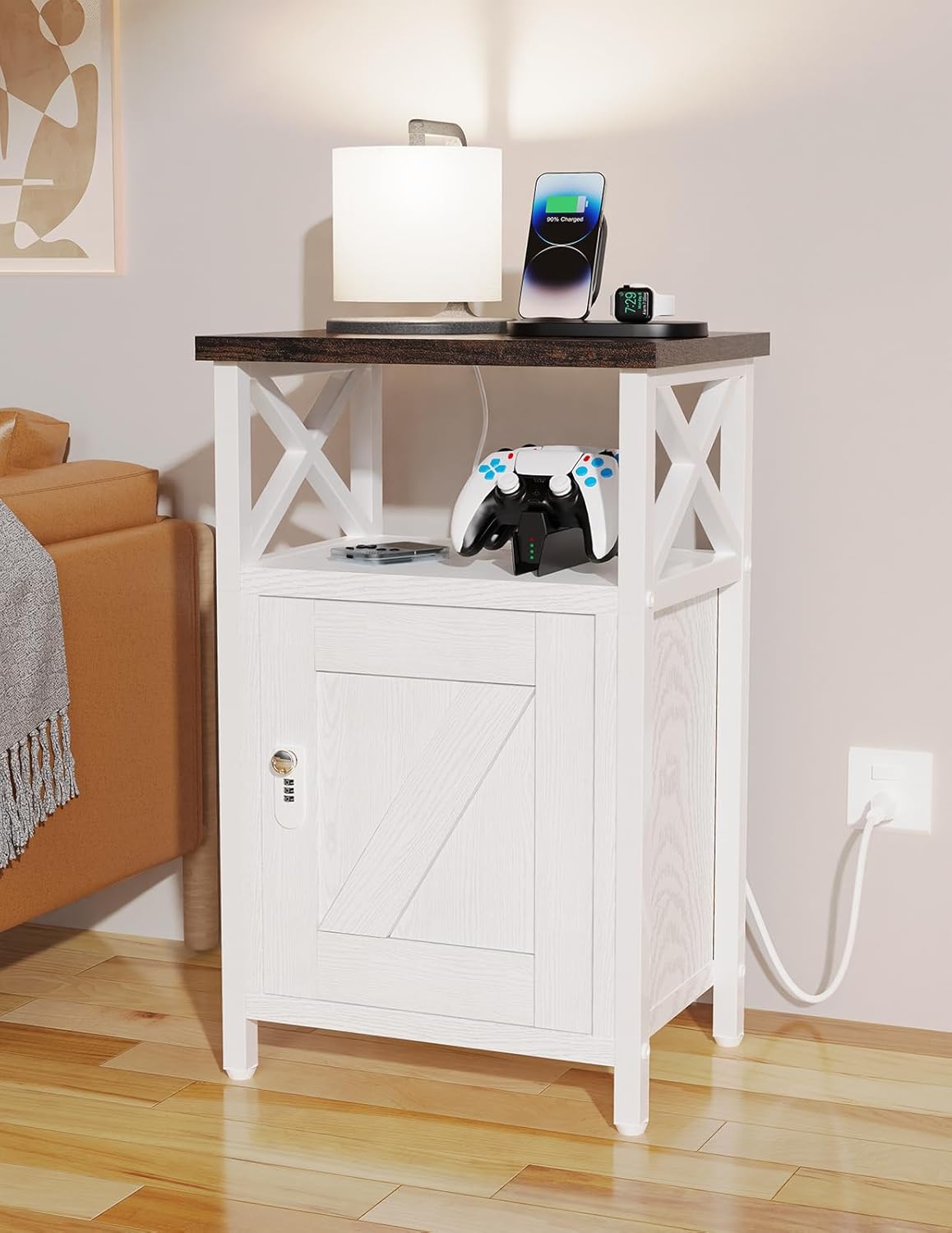 Wooden Nightstand with Lock, Bed Side Table with Drawers, Bedside Table with Charging Station, 3 USB & 2 Outlets, Night Stand with Storage, End Tables for Living Room, Bedroom, Dorm, Walnut