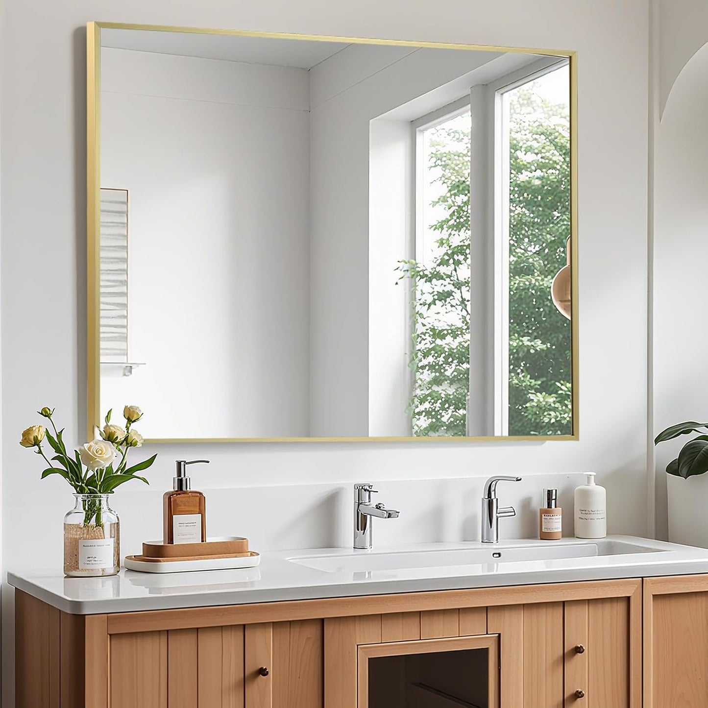 Brushed Gold Mirror, 40x30 Inch Aluminum Framed Rectangle Mirror, Anti-Rust, Tempered Glass, Square Corner Wall Mirror for Over Sink, Vanity, Bedroom, Entryway, Horizontal/Vertical