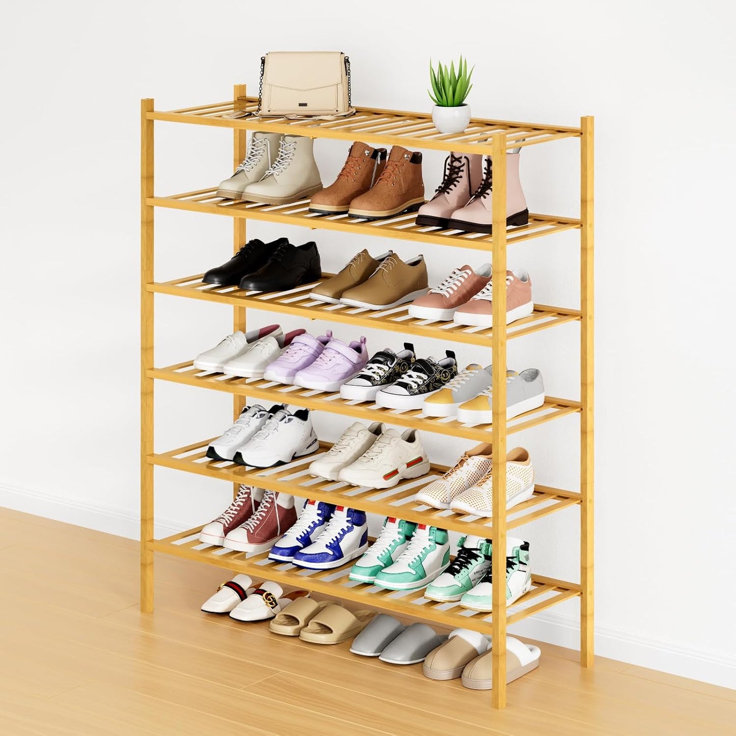 Smiry Shoe Rack, 6 Tier Long Bamboo Shoe Organizer, Stackable Free Standing Wooden Shoe Storage Shelf for Closet, Entryway, Front Door Entrance, Natural