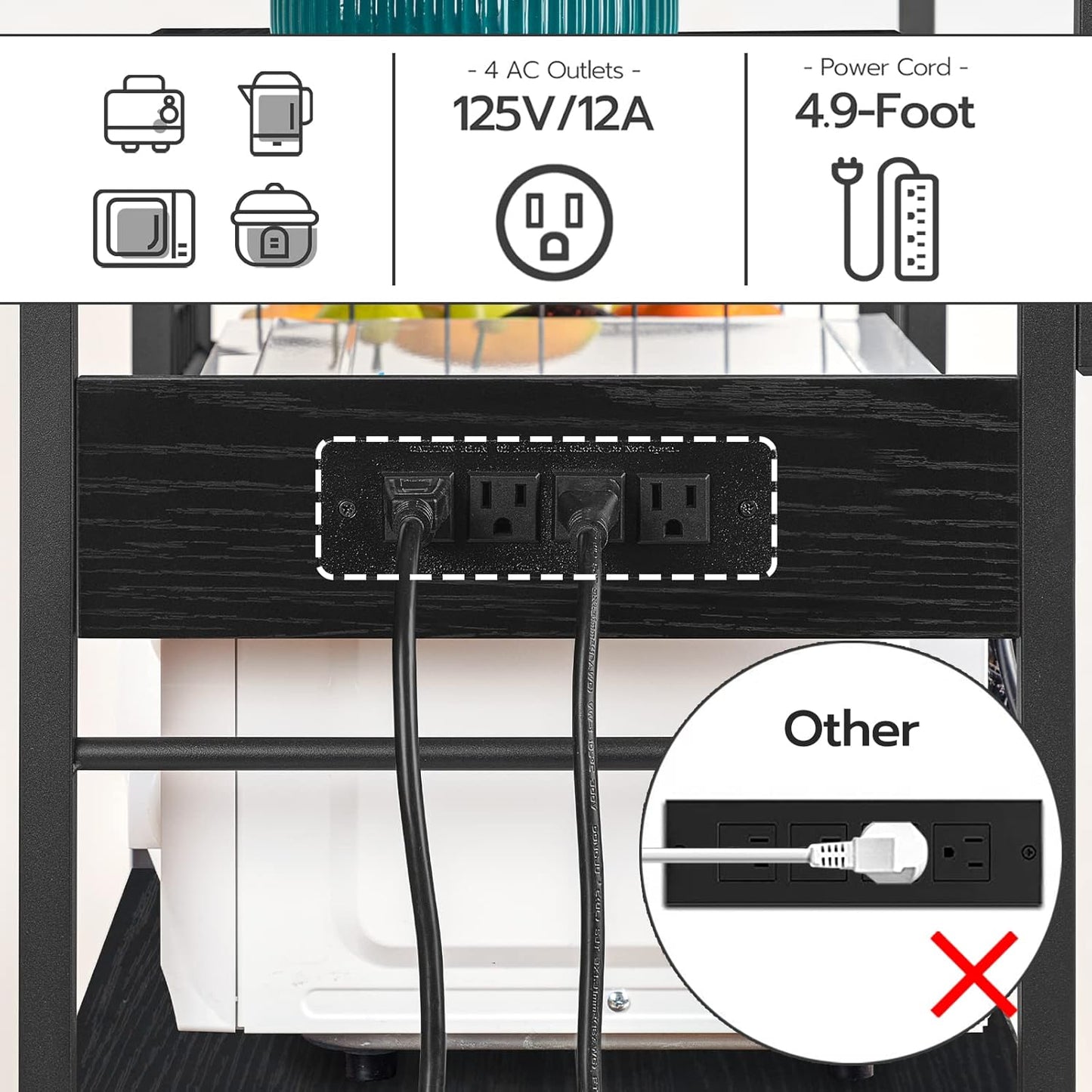 HOOBRO Kitchen Bakers Rack with Power Outlet, Coffee Bar, Microwave Oven Stand with Mesh Basket, Coffee Station with 4 S-Shaped Hook, Kitchen Shelf, for Dining Room, Living Room, Black BB05HB01