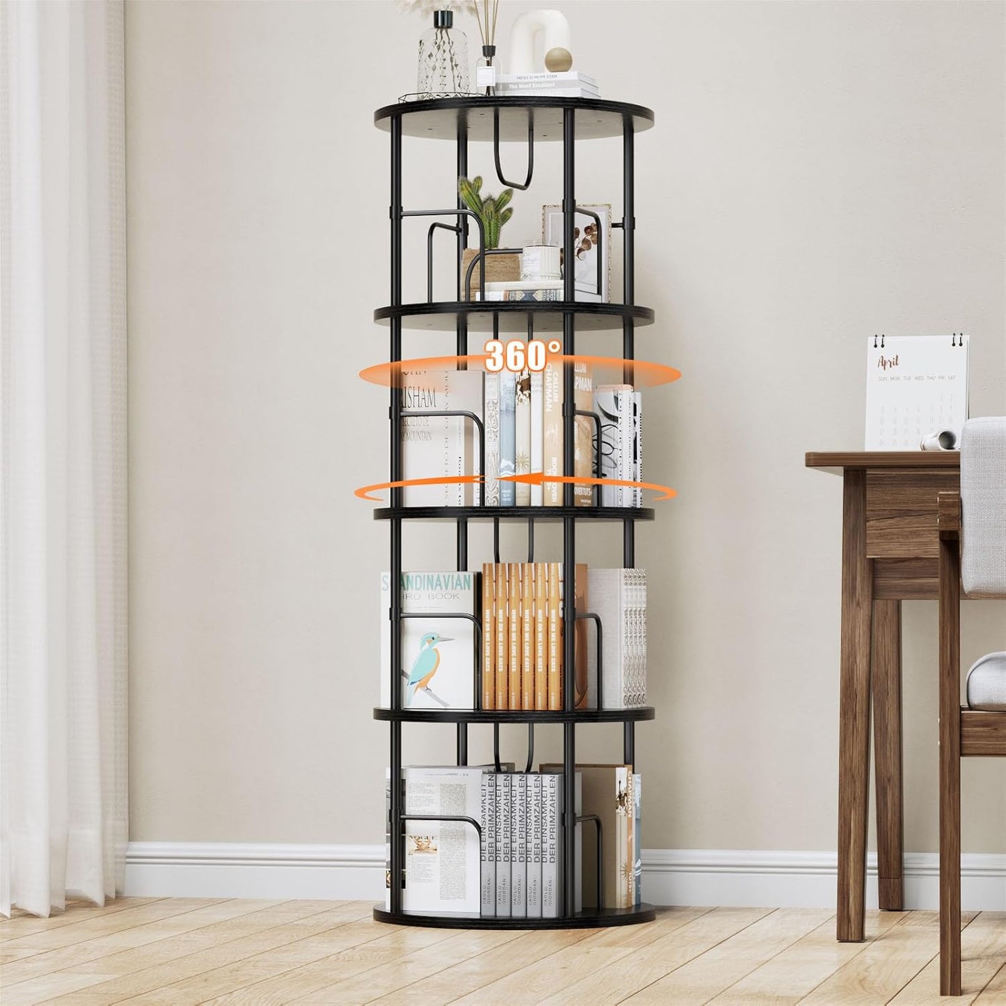 Rotating Bookshelf, 4 Tier Spinning Bookshelf Tower, 360° Display Round Bookcase, Floor Standing Corner Revolving Bookshelf Organizer Storage Rack for Small Spaces, Home Study Office, Black