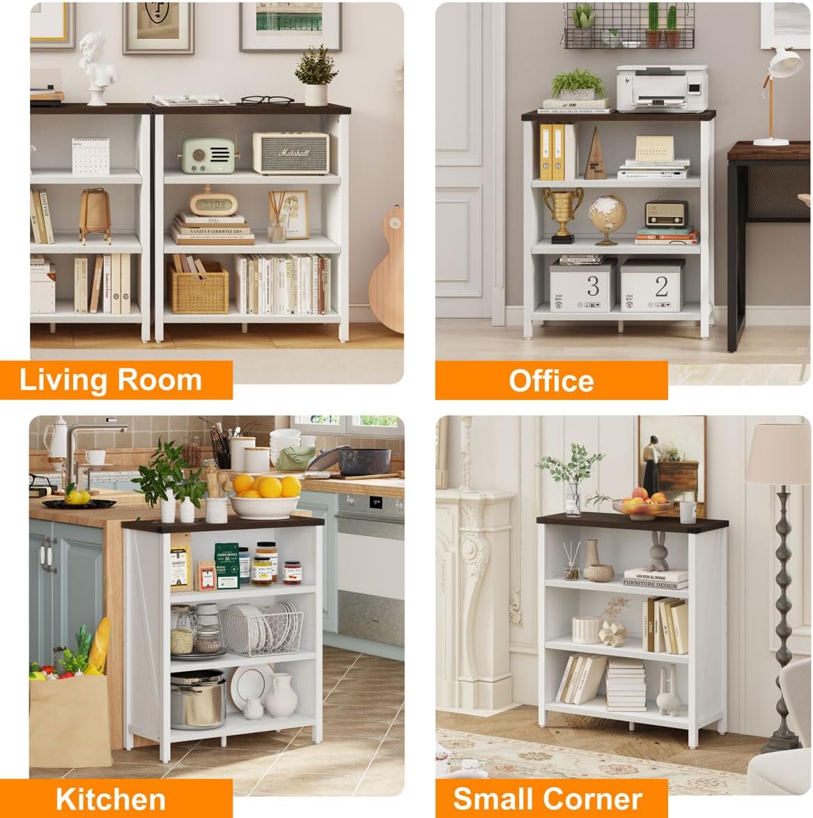 BON AUGURE Small Bookshelf for Small Space, 3 Tier Bookcase, Farmhouse Wood Low Book Case, Short Storage Book Shelf for Home Office, Living Room, Bedroom (White Oak and Walnut Brown)