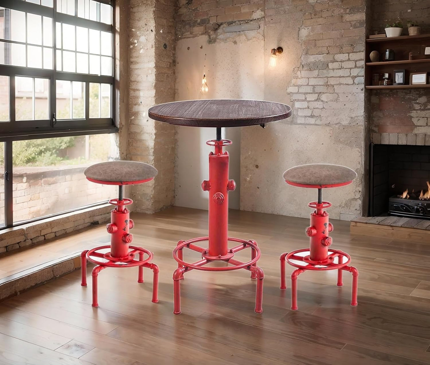 Topower Antique Vintage Industrial Barstool PU Leather Water Pipe Fire Hydrant Design Cafe Coffee Industrial Bar Stool Set of 2 Antique Red