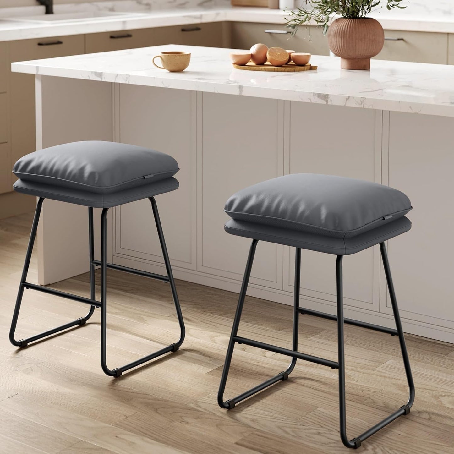 VASAGLE Bar Stools Set of 2, Counter Height Bar Stools, Leather Counter Stools Barstools with Soft Cushion and Metal Sled Legs, 25.6 Inches Bar Height Bar Chairs for Kitchen Island, Slate Gray