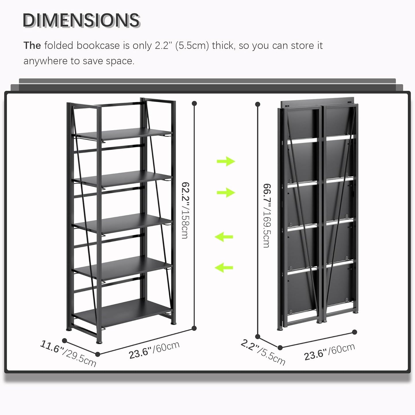 4NM No Assembly Folding Bookshelf, 5-Shelf 62.2" H Collapsible Foldable Bookcase Storage for Small Spaces, All Black
