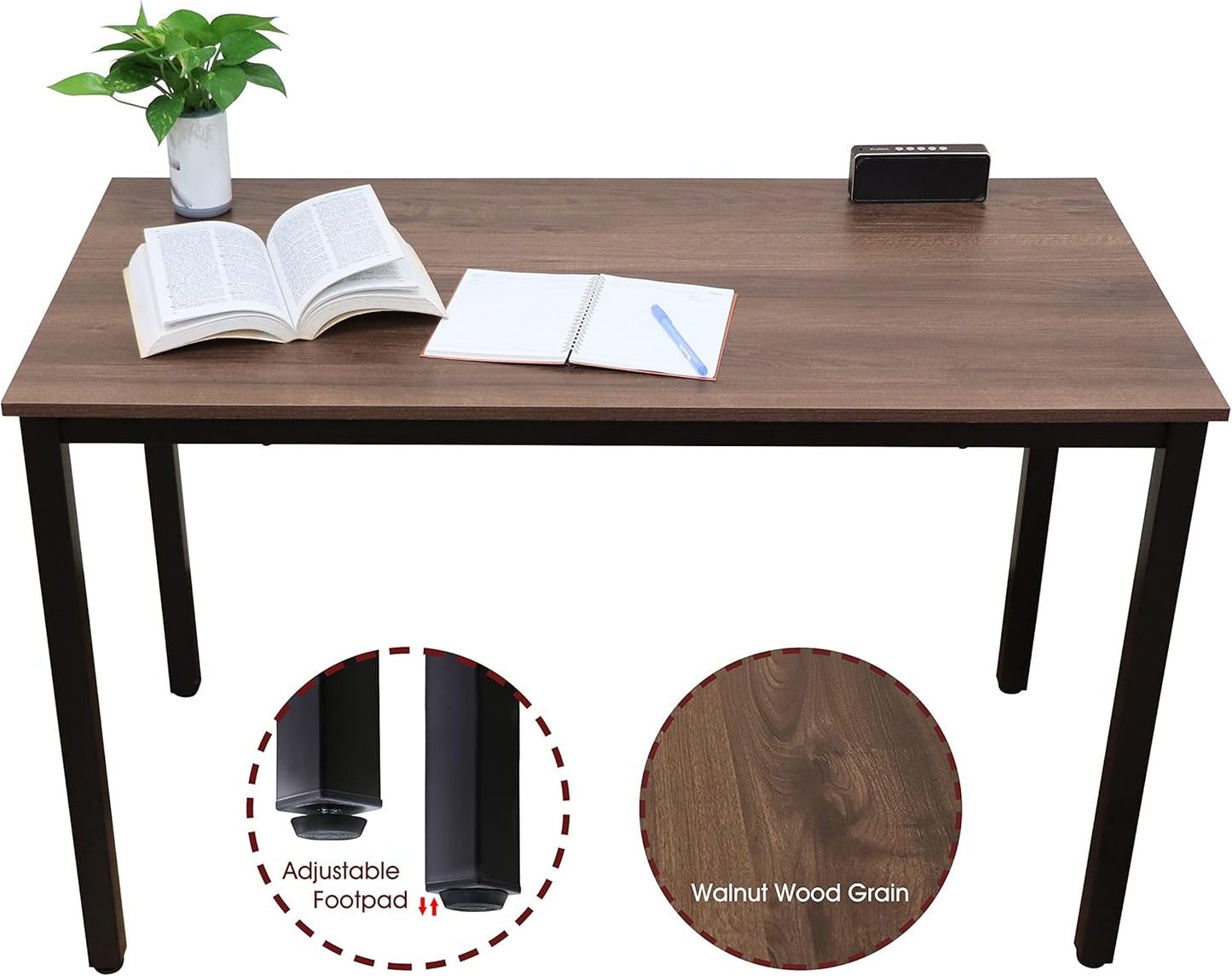 47 inch Large Computer Desk Wood, Modern Simple Style Desk for Home Office, Bedroom, Study Student Writing Desk, Small Spaces, Black Metal Frame, Walnut Top