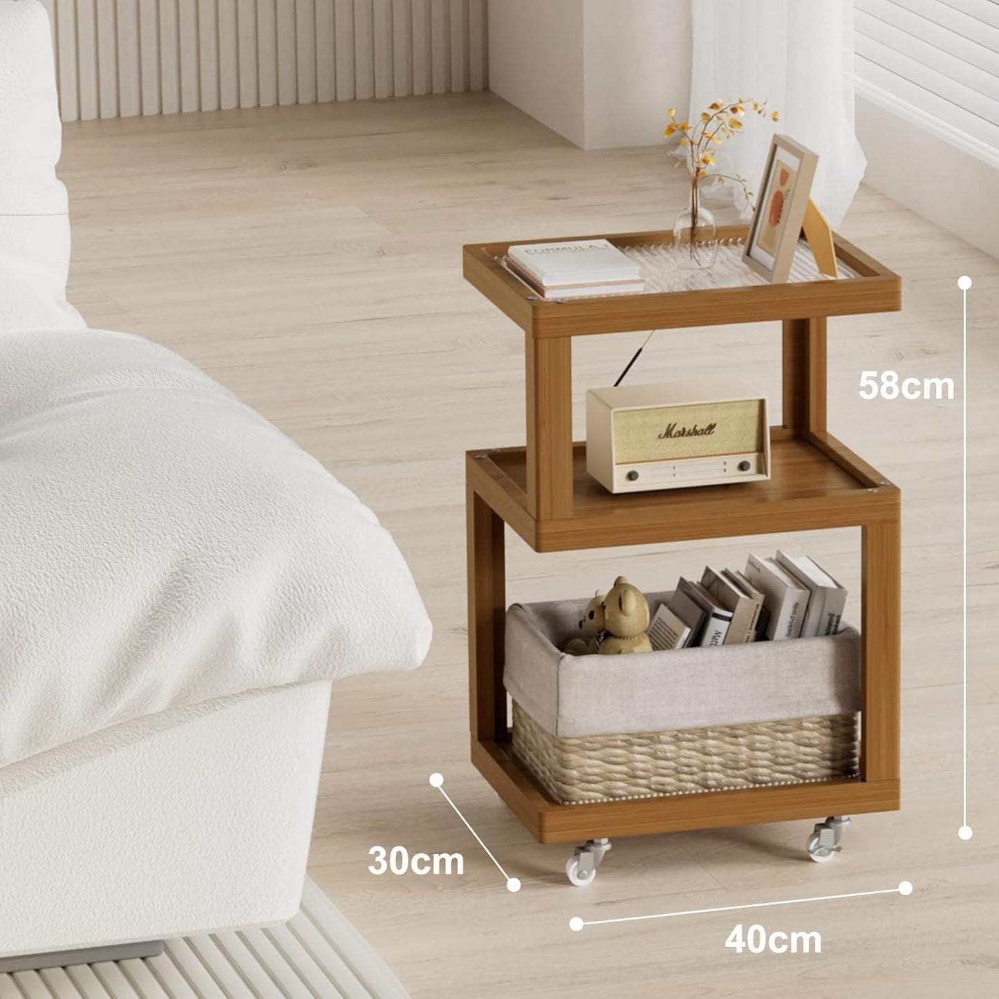 3-Tier Side Table - Walnut Geometric Design with Glass Top & Wheels, Sofa & Bedside Table for Small Spaces, Living Room & Bedroom Modern Minimalist