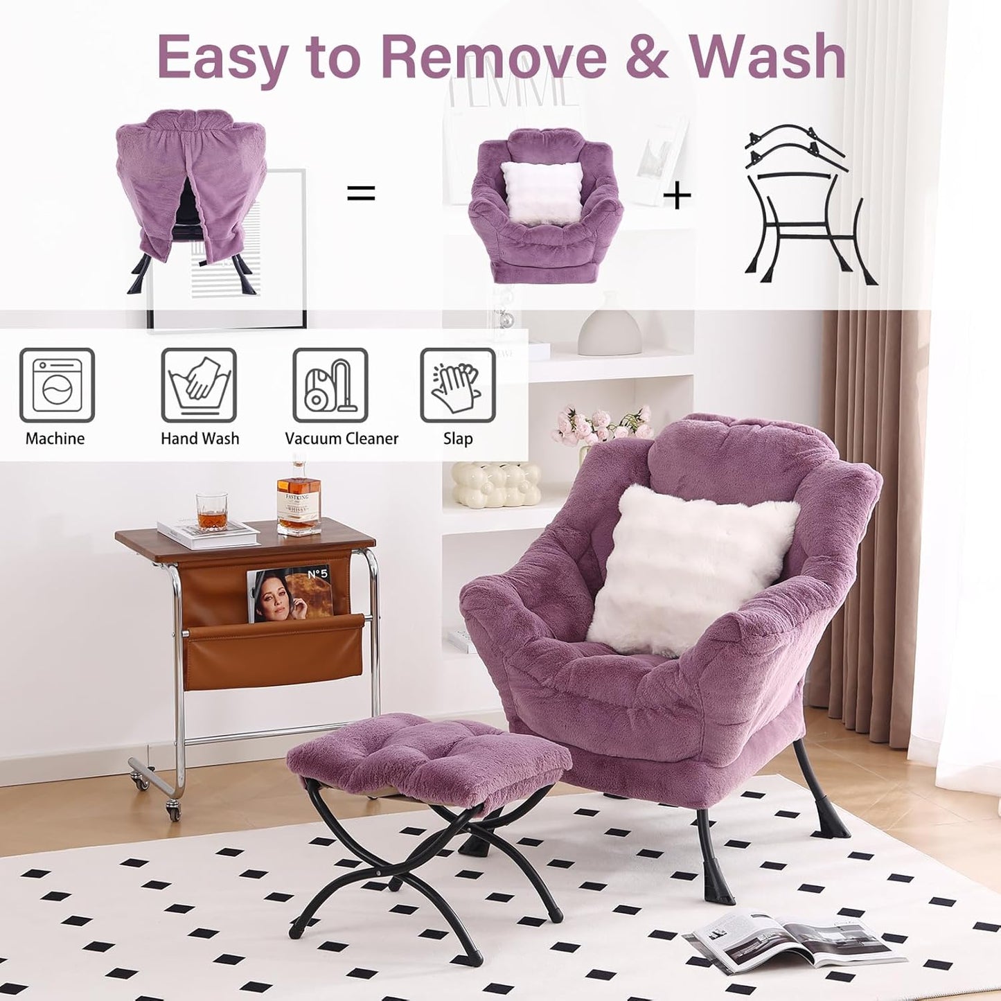 Lazy Chair with Ottoman, Modern Large Accent Lounge Chair with a Pillow, Leisure Sofa Armchair with Ottoman, Reading Chair with Footrest for Bedroom, Living Room, Dorm Rooms,Plush Purple