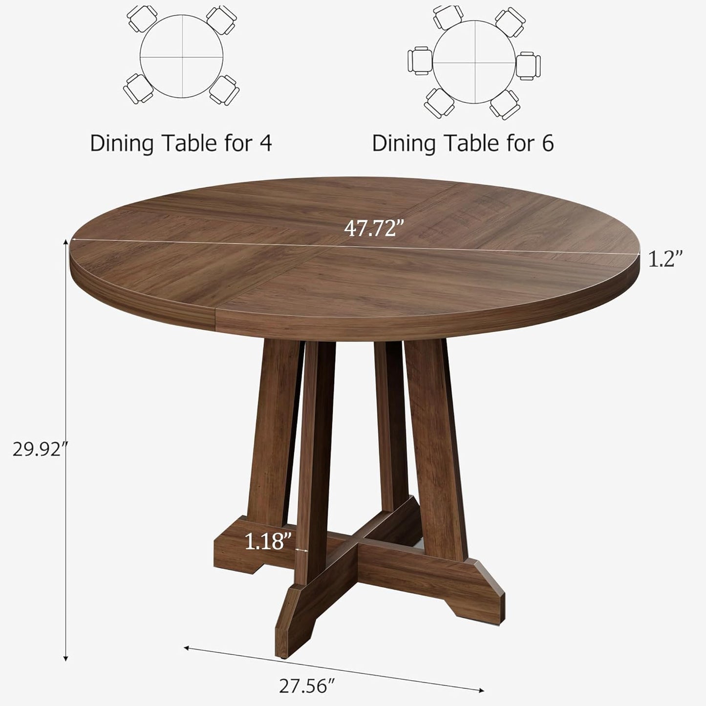 GarveeHome Round Dining Table for 4,Kitchen Dining Room Circle Dinner Pedestal Table,Space Saving Wood Kitchen & Dining Room Furniture,Brown 47-inch Diameter
