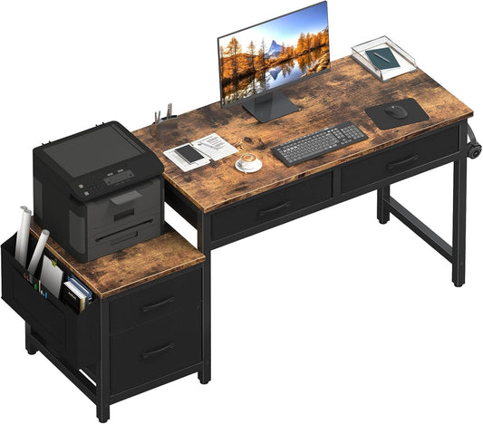 Lufeiya Computer Desk with Fabric File Drawers Cabinet, 57 Inch Home Office Desks with Filing Cabinet Printer Stand for Small Space, Study Writing Table PC Gaming Desks for Bedroom, Brown Black