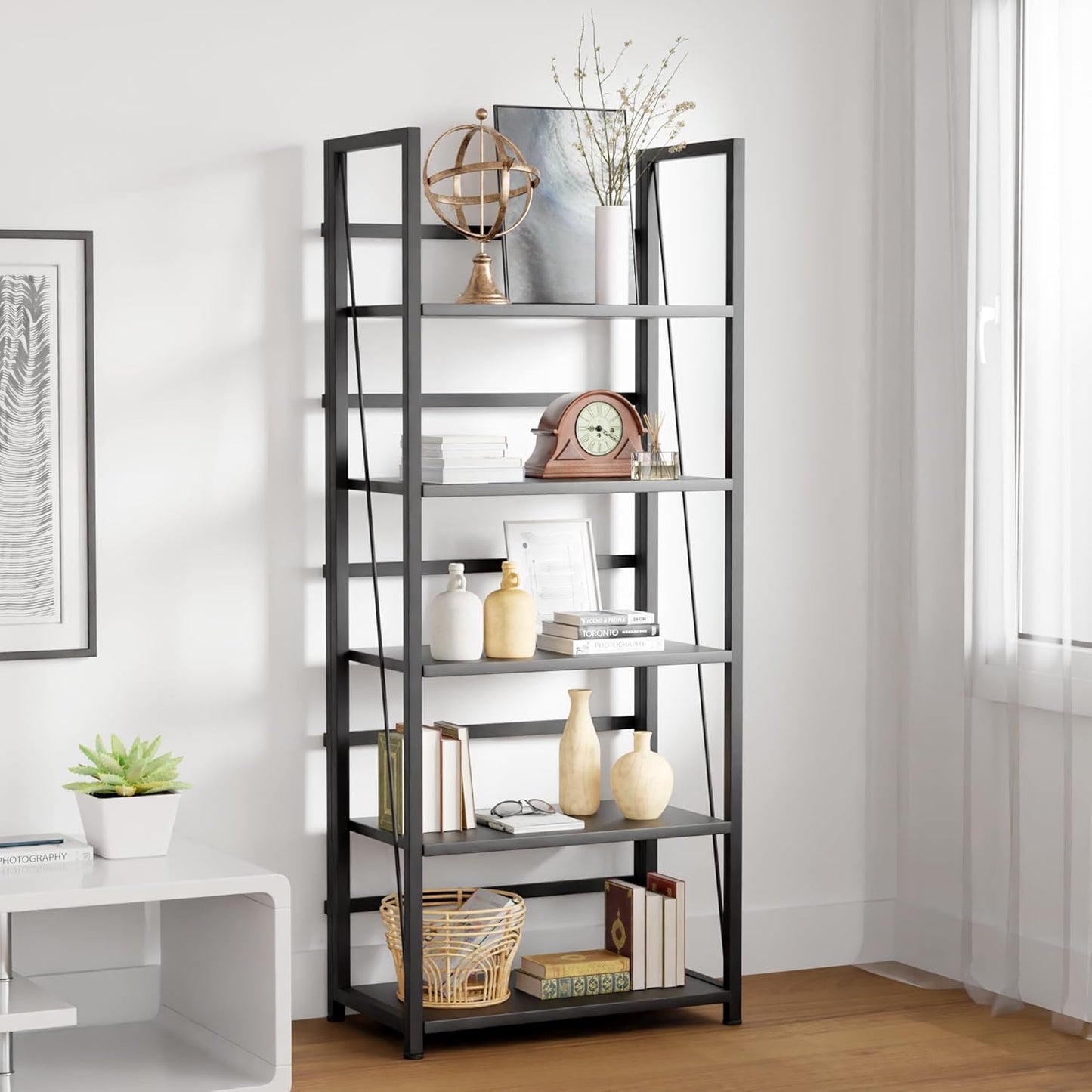 5 Tier Wood Book Shelf Organizer, No Assembly Bookshelf for Bedroom Living Room Office, Rustic Foldable Book Case, Tall Bookshelves, Open Book Shelves, Decorative Folding Shelf Display, Tall Bookcase