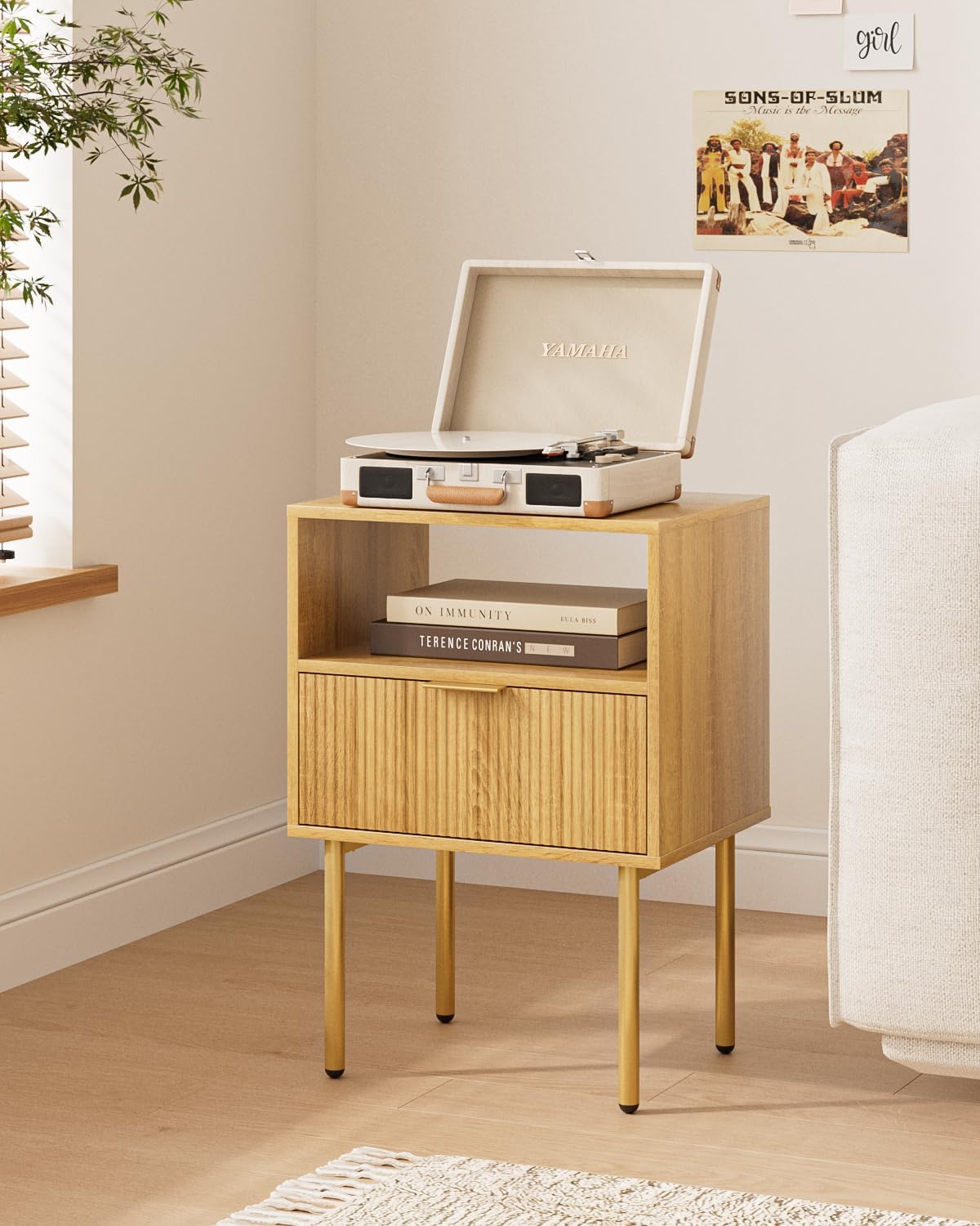 Nightstand,Morden Bedside Table with Gold Frame,Small White Night Stand,End Table,Bedside Furniture,Side Table with Drawer and Shelf for Bedroom,Living Room (1Drawer, Oak)