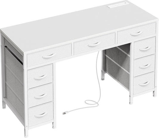 PRAISUN 47 Inch Office Desk with Outlets, Computer Desk with 9 Fabric Drawers, Writing Gaming Work Study Desk for Bedroom, Living Room, Home Office, Large Storage, White