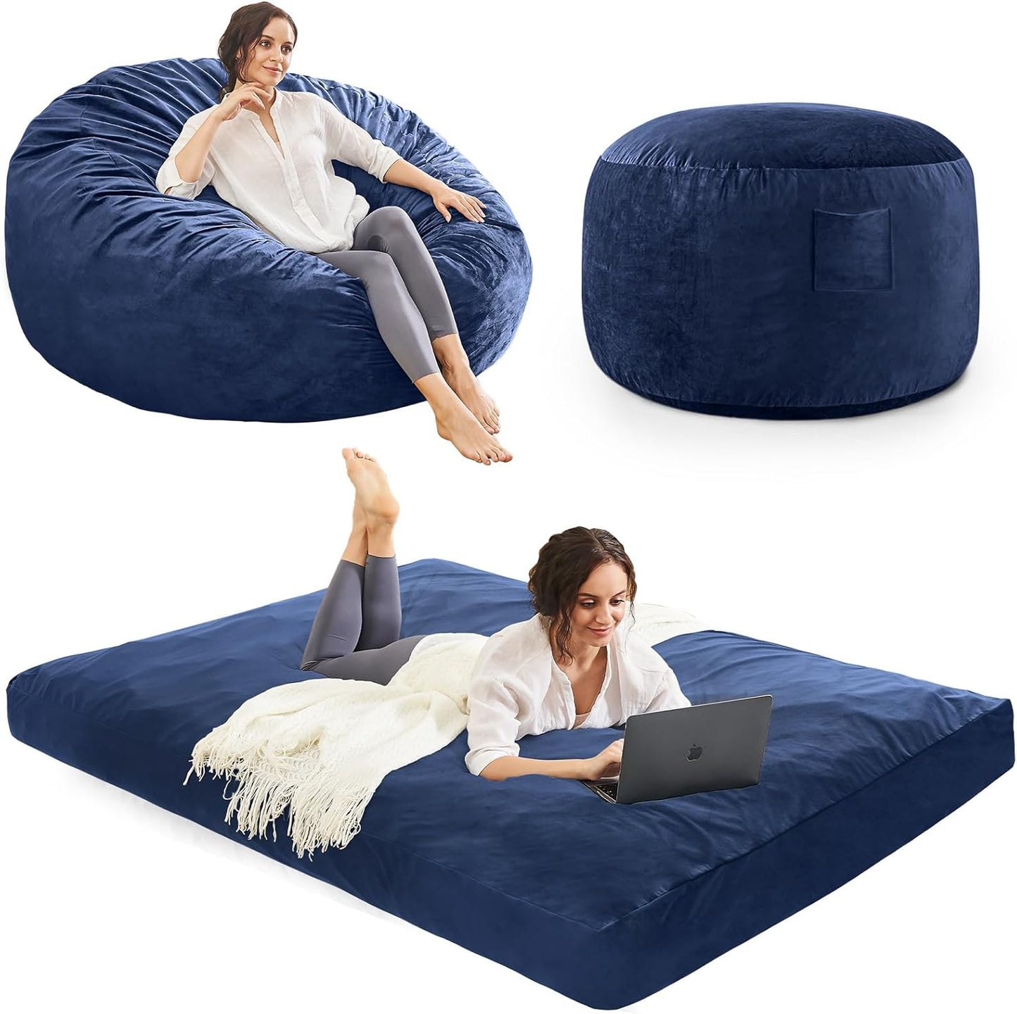 Bean Bag Chairs for Adults - Giant Bean Bag Chair Convertible Bean Bag Bed - Beanbag Chair with Micro Fiber Cover/Furniture Foam Filler - Floor Couch Sofa in Bedroom Dorm Room - Full Navy Blue