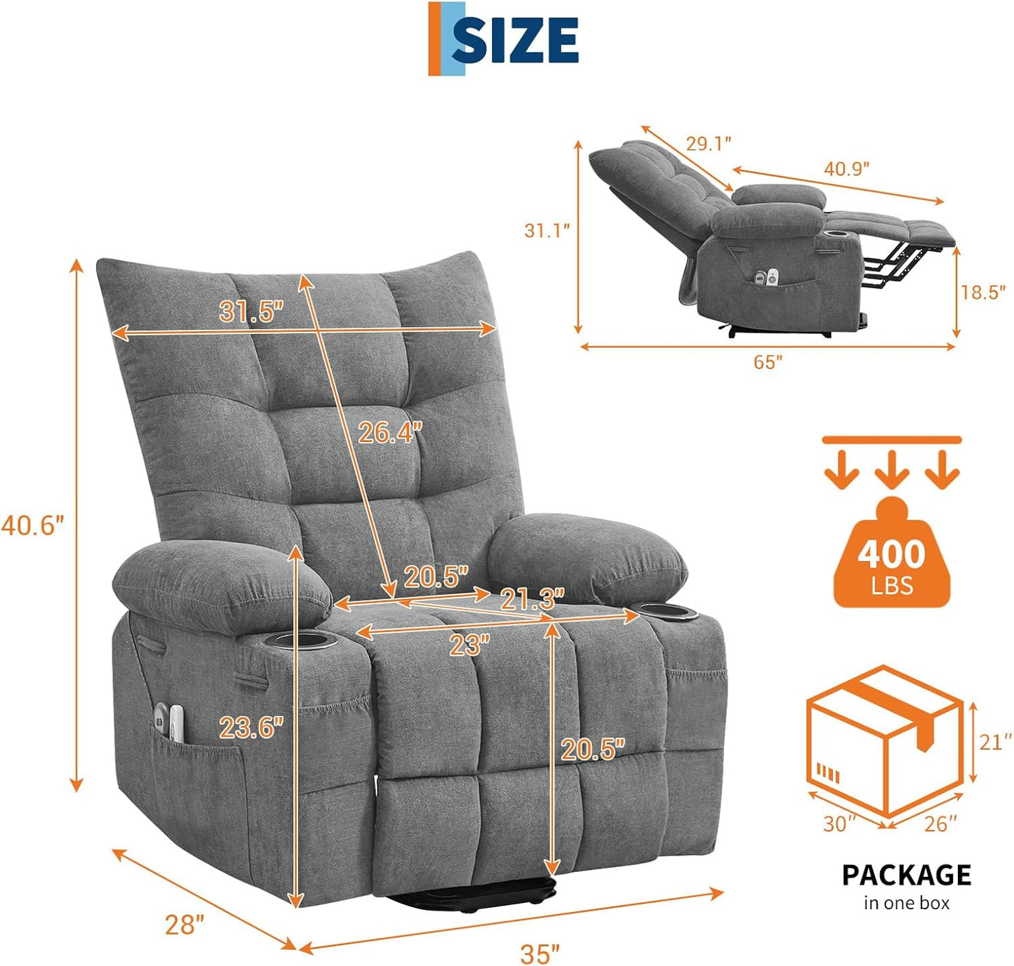 GarveeHome Power Lift Recliner Chair for Elderly with Massage and Heat, Oversized Electric Massage & Heat Recliner with Soft Padded Upholstery, Side Pocket & Cup Holders for Living Room, Gray