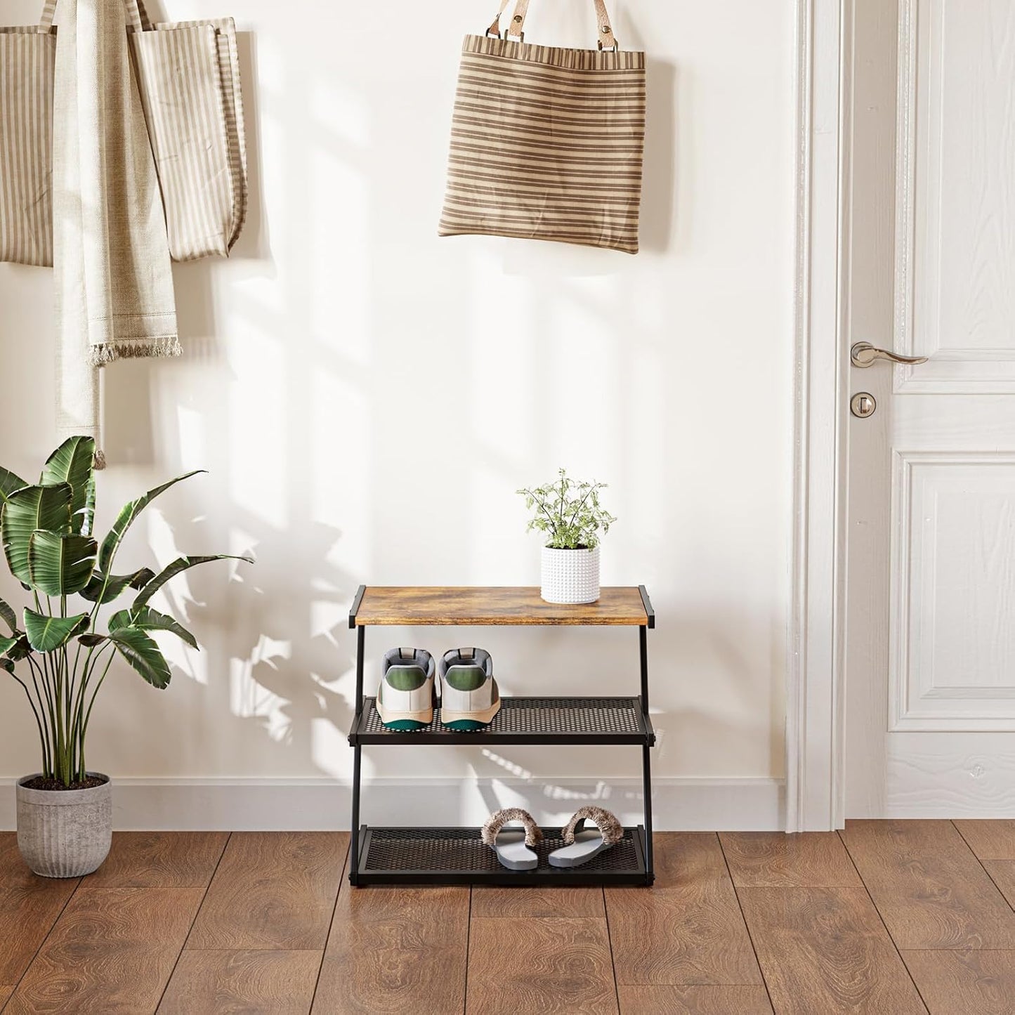 Shoe Rack, Z-Frame Wooden Shoe Shelf with Heavy-Duty Metal Mesh Shelves for Hallway, Living Room, Closet, and Bedroom Organization - Organize Your Shoes in Style (16.54" x 10.24" x 16.14")