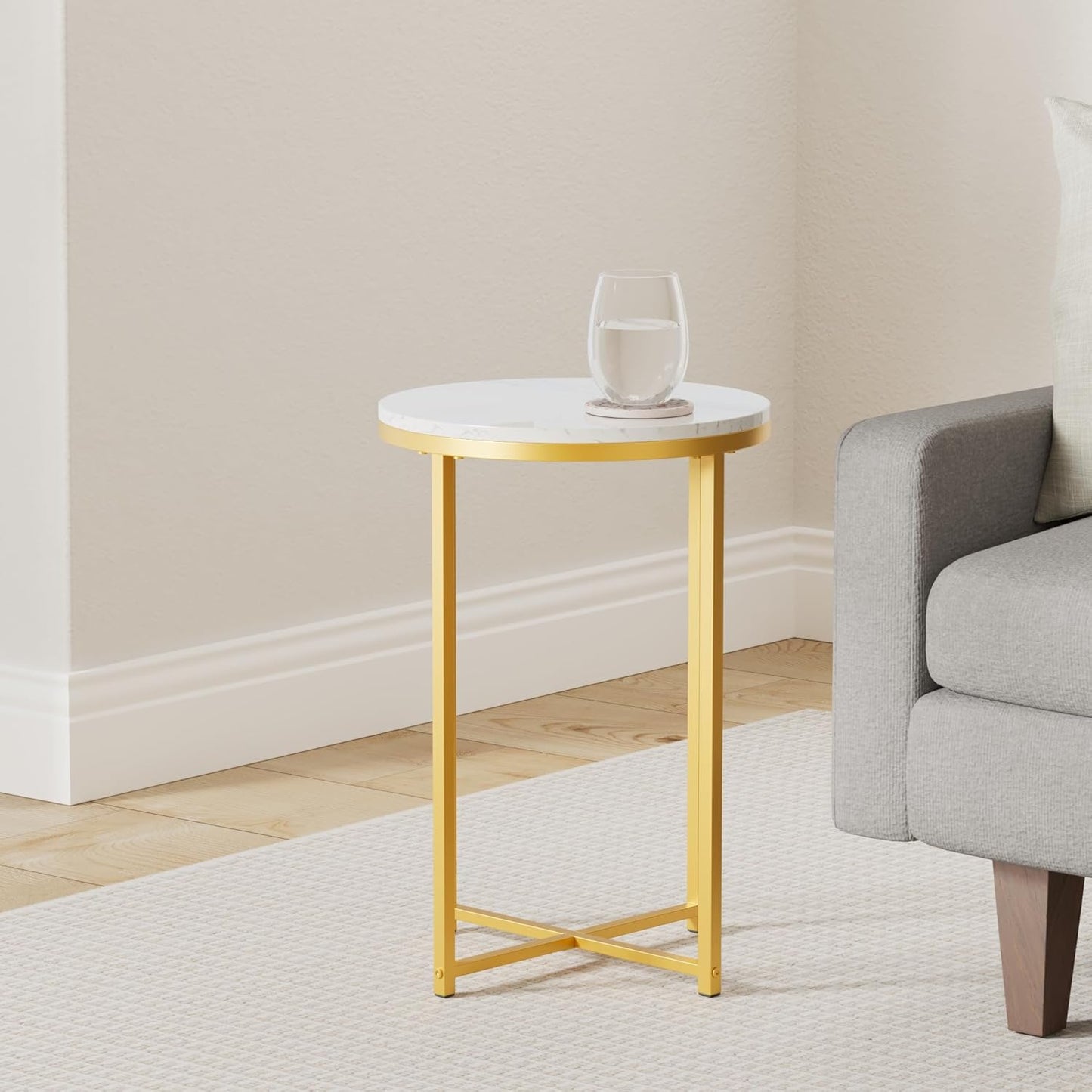 TECHMILLY Round End Table, Faux Marble Sofa Table, Accent Side Table with Metal Frame, Modern Gold Nightstand, Tall Coffee Table for Living Room, Bedroom