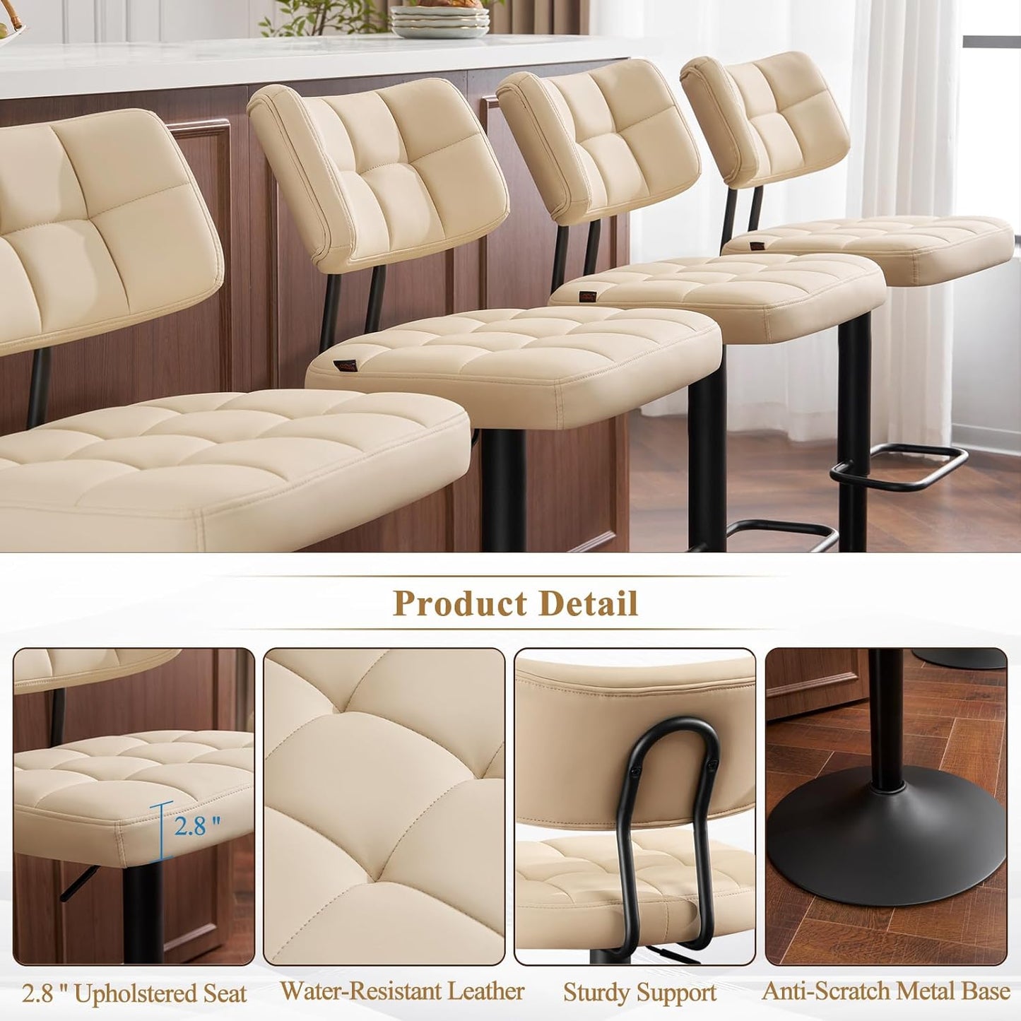 Furniliving Modern Bar Stools Set of 2 Faux Leather, Upholstered Swivel Barstools with Back, Adjustable Bar Chairs Counter Height for Kitchen Island, Dining Space, Beige