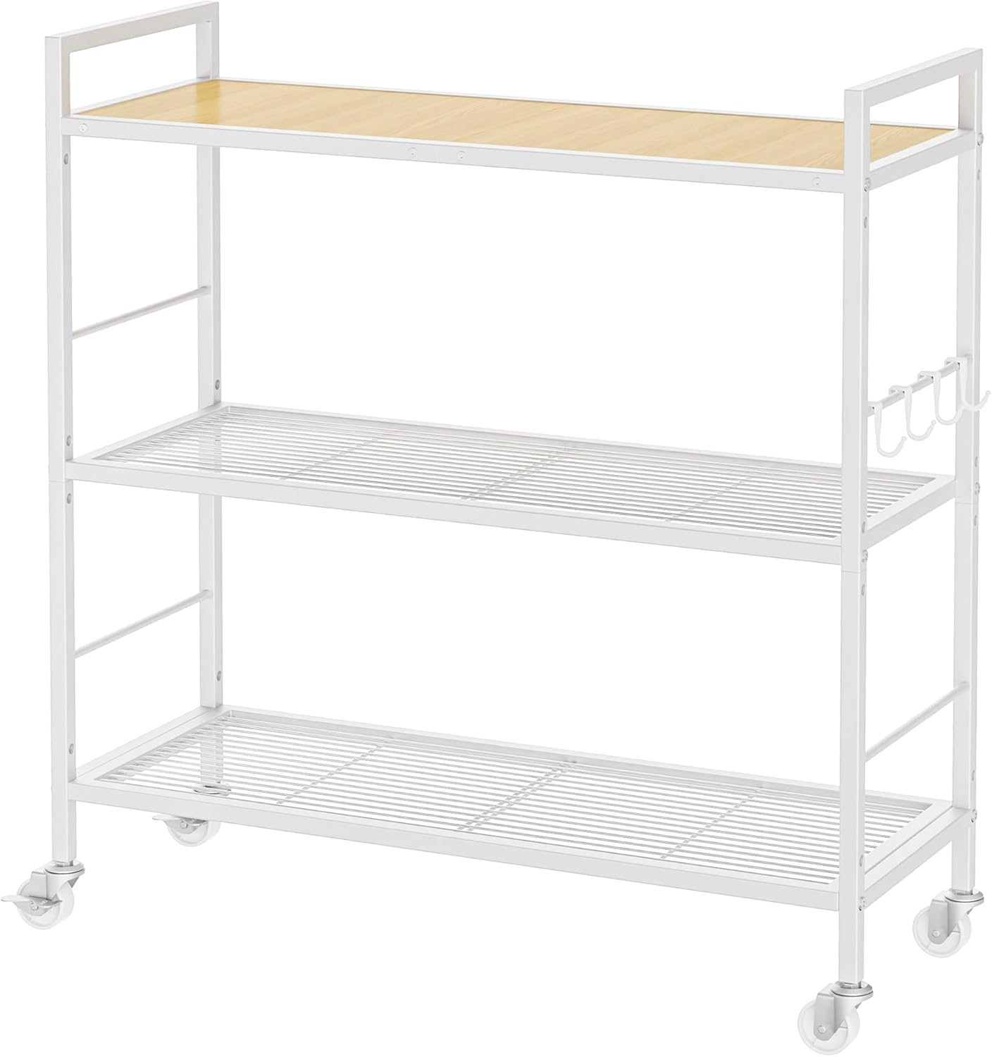 3-Tier Metal Storage Rack with Industrial Wheels,Mesh Shelving Unit with Wooden Table top,Adjustable Shelf,31.5-Inch Width, for Kitchen, Laundry,Pantry,Plant,Oak panel and white frame