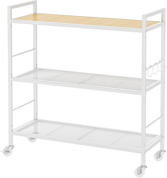 3-Tier Metal Storage Rack with Industrial Wheels,Mesh Shelving Unit with Wooden Table top,Adjustable Shelf,31.5-Inch Width, for Kitchen, Laundry,Pantry,Plant,Oak panel and white frame