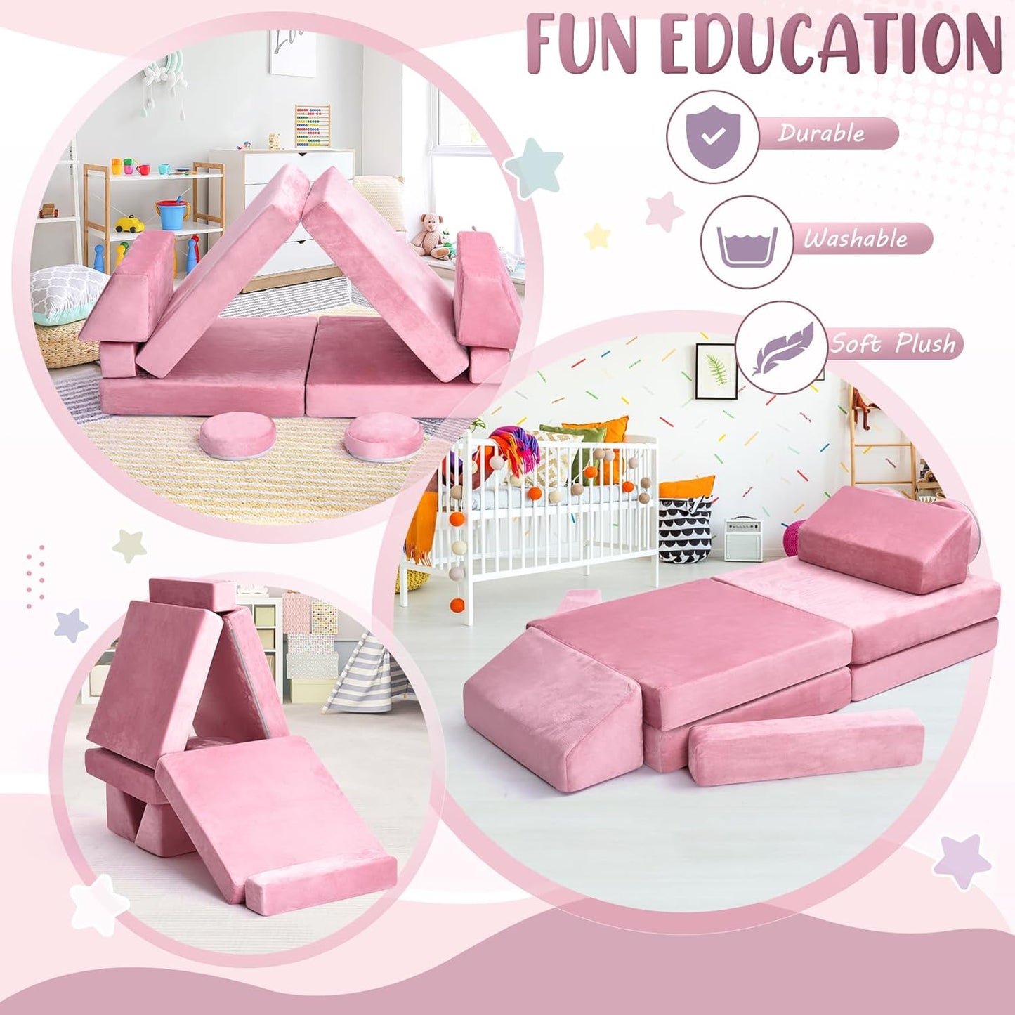 10Pcs Kids Play Couch,Toddler Sofa,Modular Kids Couch for Playing, Creativing, Sleeping (Pink)