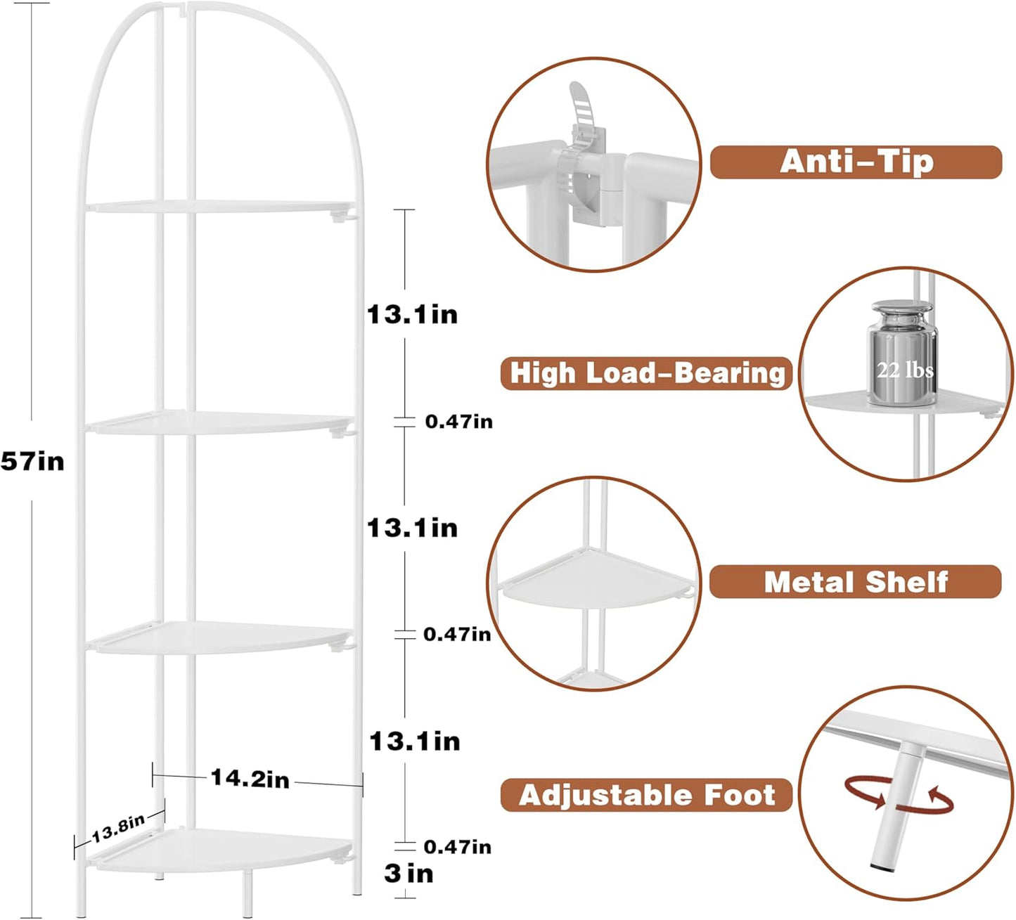 Crofy Foldable 4 Tier Corner Shelf, Metal Corner Plant Stand with White Frame and White Shelves, Corner Display Rack Multipurpose Shelving Unit for Living Room, Bedroom, Bathroom