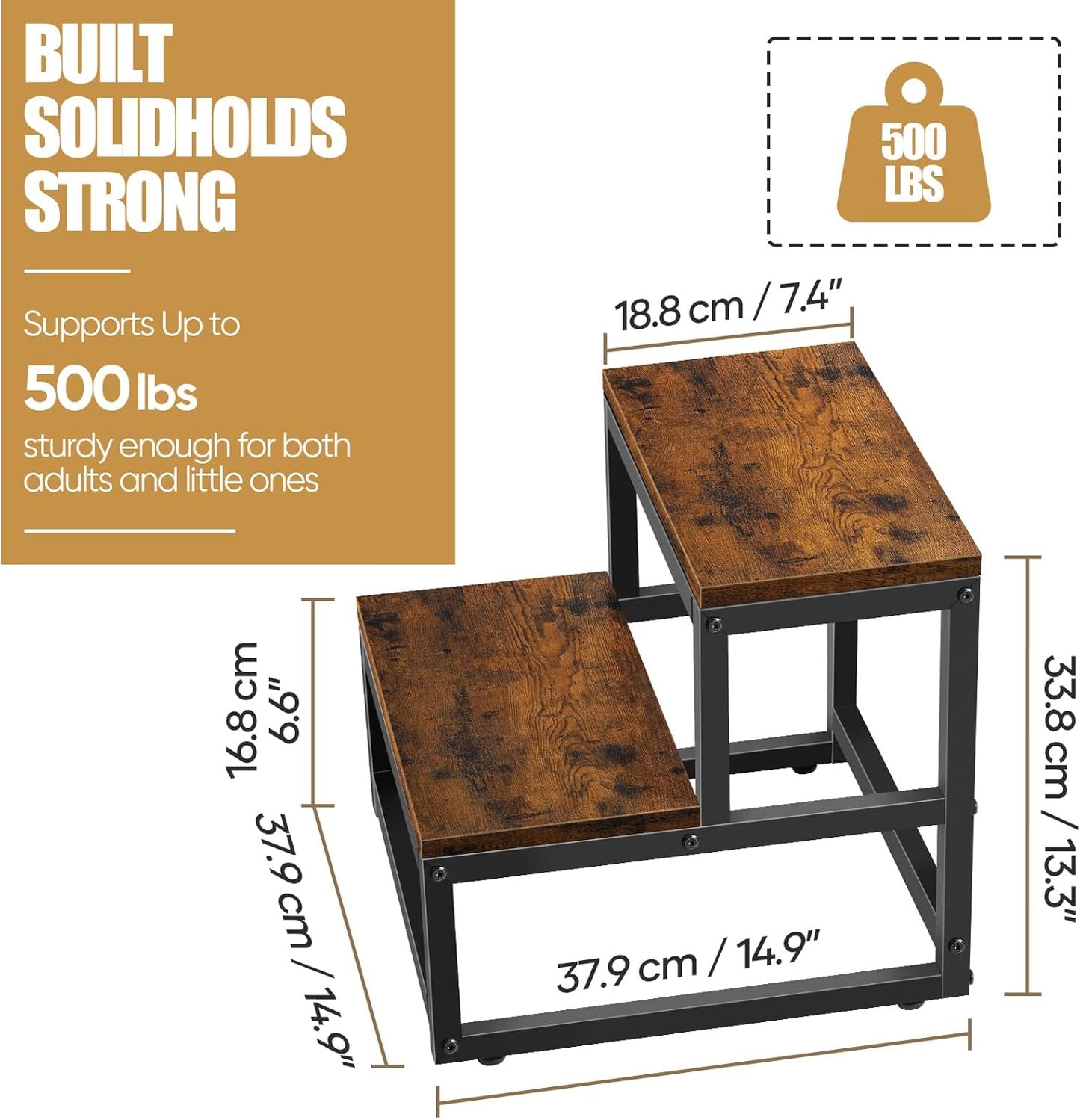 Wood and Metal 2 Step Stool for Adults & Kids – Heavy Duty Rustic Step Stools, 500 Lbs Capacity Non-Slip Stepping Stool for High Beds, Kitchen, Bathroom, Closet, Durable Foot Stool for Home Use