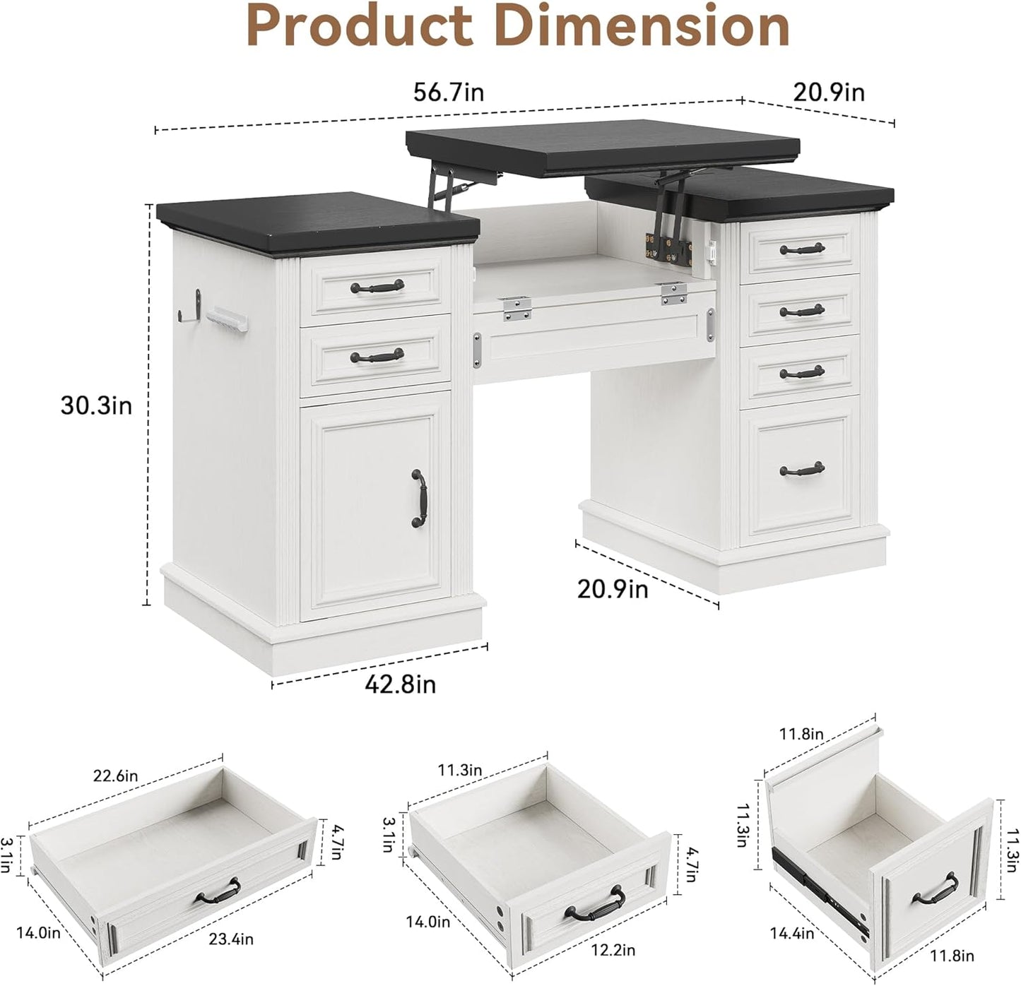 Farmhouse 57" Lift Desktop Executive Desk with 6 Drawers and Charging Station, Wood Home Office Computer Desk with File Cabinet Storage, Keyboard Tray,Headphone hook for Work,Study, Antique White