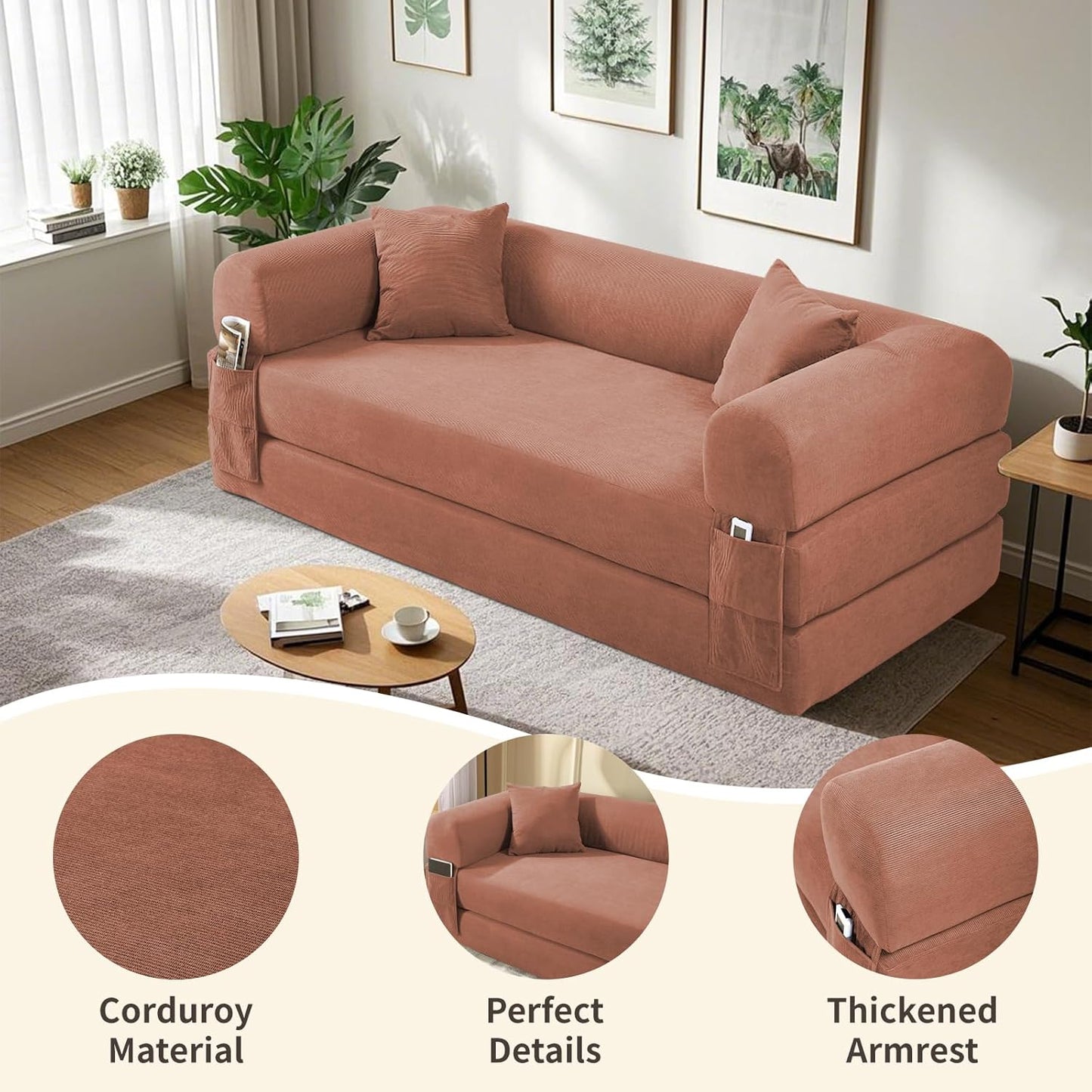 80" Convertible Sofa Bed, Corduroy Deep Seat Folding Pull Out Couch with Pillows, No Assembly Modern Boneless Couch Compression Sofa in Box, Floor Sofa with Storage Pocket for Living Room,Pink