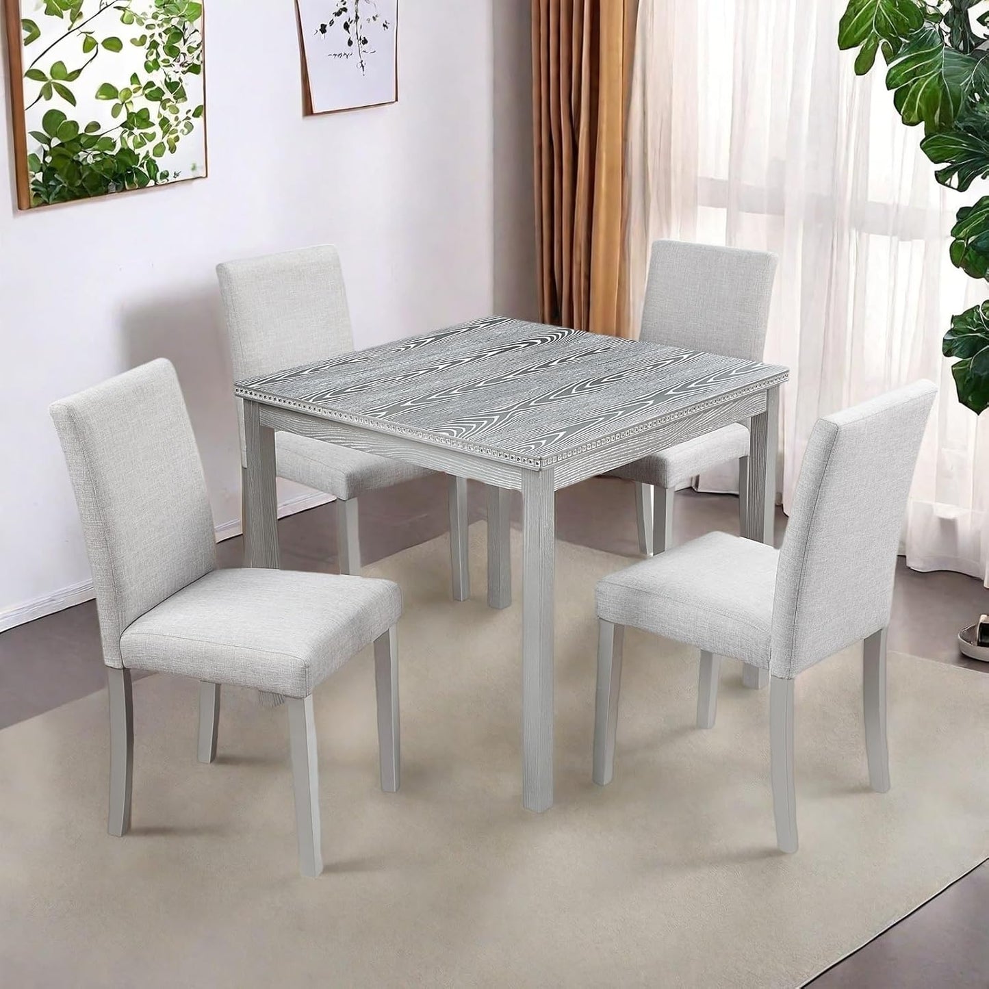 Dining Table Set for 4, 5-Piece Kitchen Table & Chairs Set with Versatile Square Table & 4 Upholstered Chairs, 34.5'' Dinner Set with Crystal Decorations & Wood Grain Design, Silver Gray