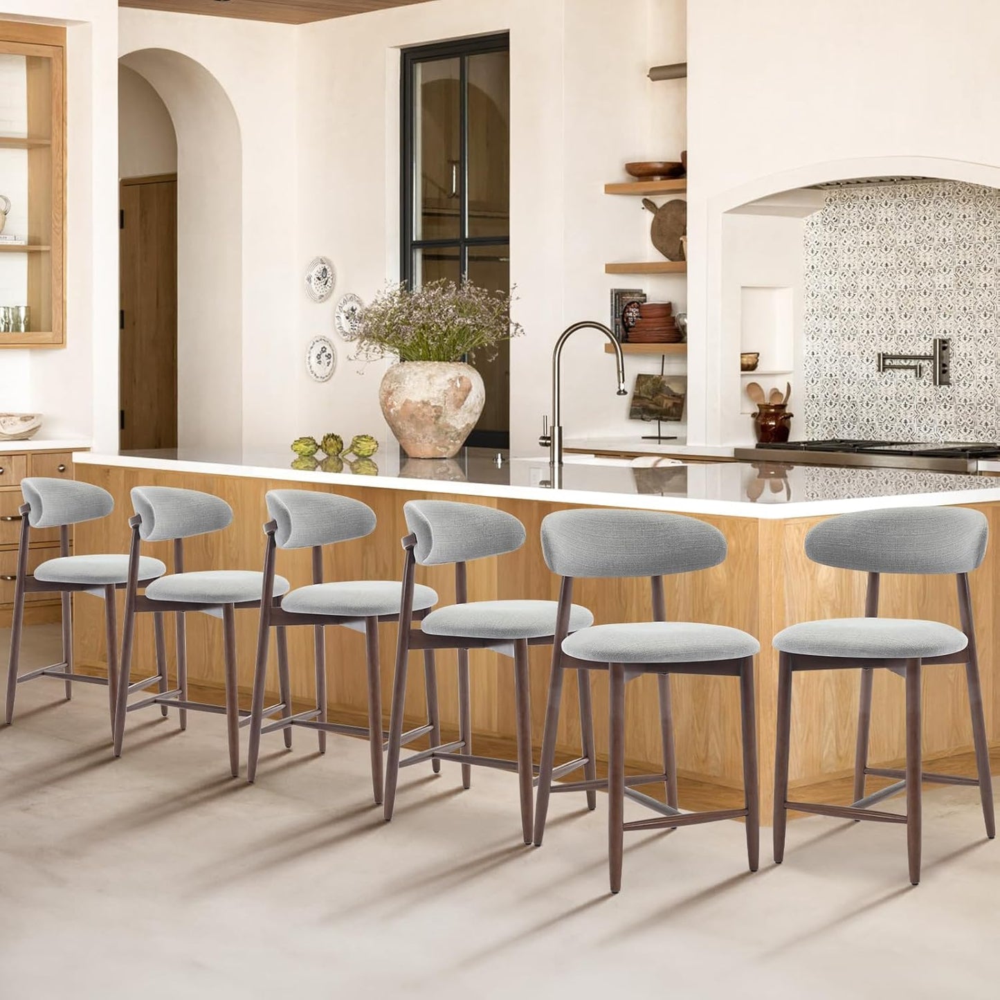 Upholstered Counter Height Bar Stools Set of 6, Kitchen Island Stools with Back, Modern Counter Barstools Bar Chairs with Wood Legs, Light Grey