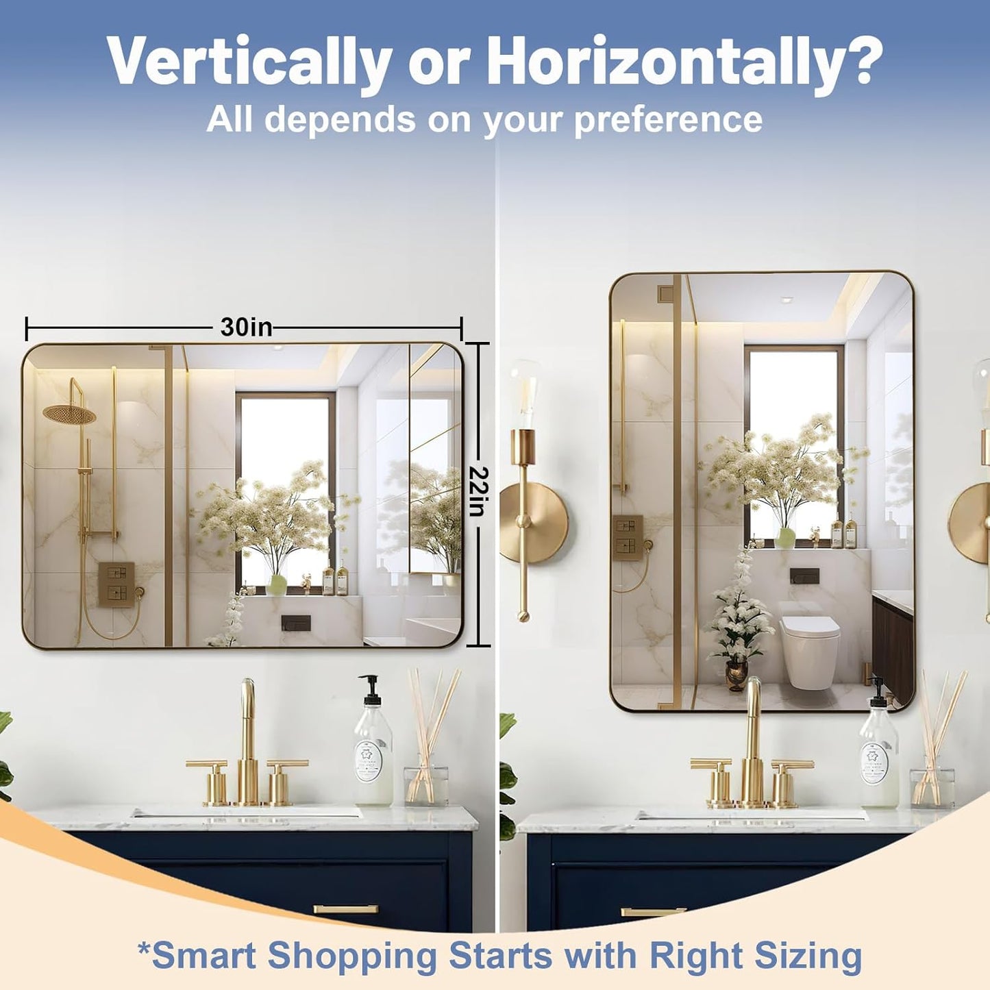 22x30 Inch Brushed Gold Mirror for Bathroom, Rounded Rectangle Mirrors Wall Mounted, Anti-Rust Metal Framed Bathroom Mirror for Wall, Modern Vanity Mirrors Hangs Horizontally or Vertically