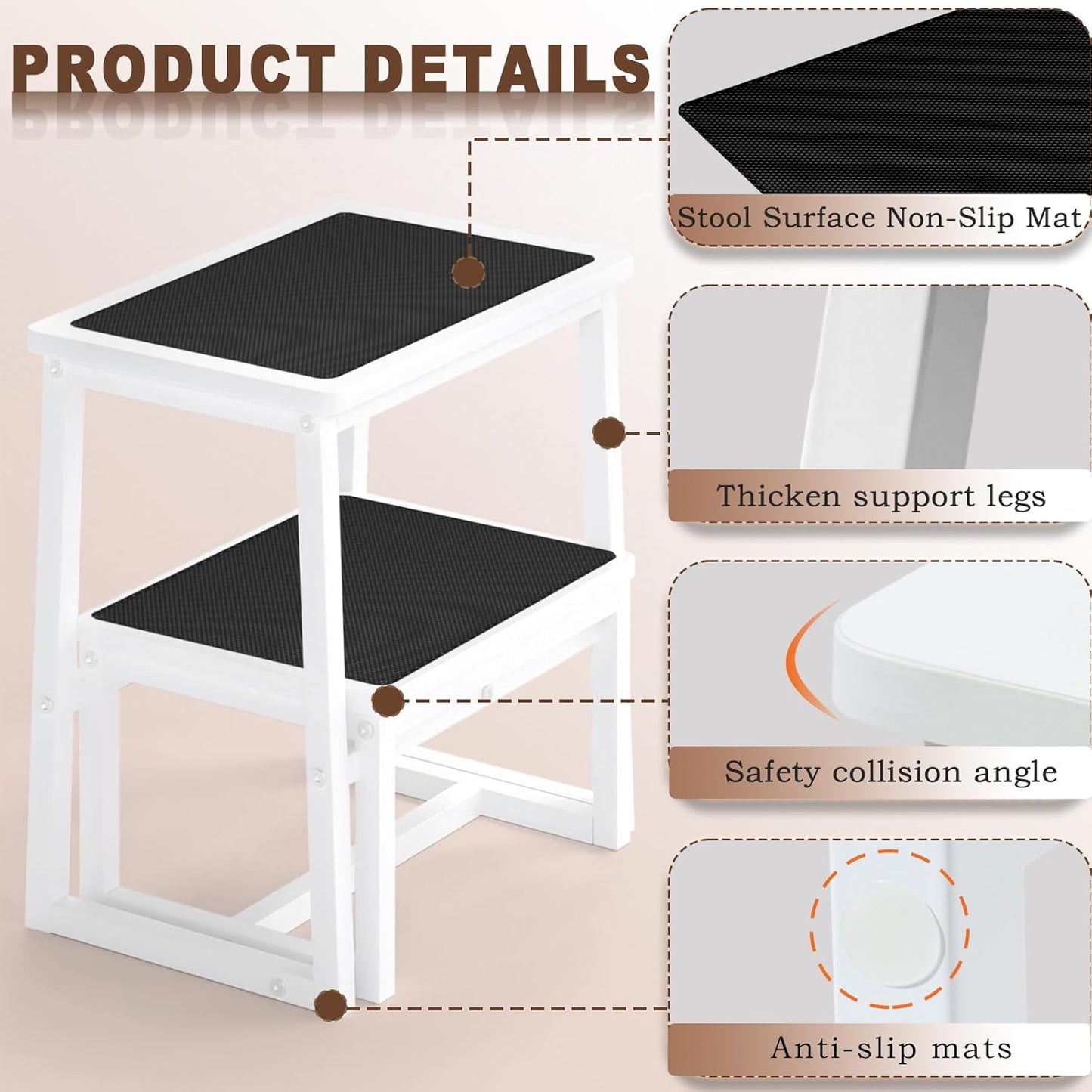 2 Step Stools for Adults Kids, Anti-Slip Sturdy Wooden Foot Stools with 500 Lbs Capacity for High Beds,Closet, Bathroom,Kitchen, Potty Training