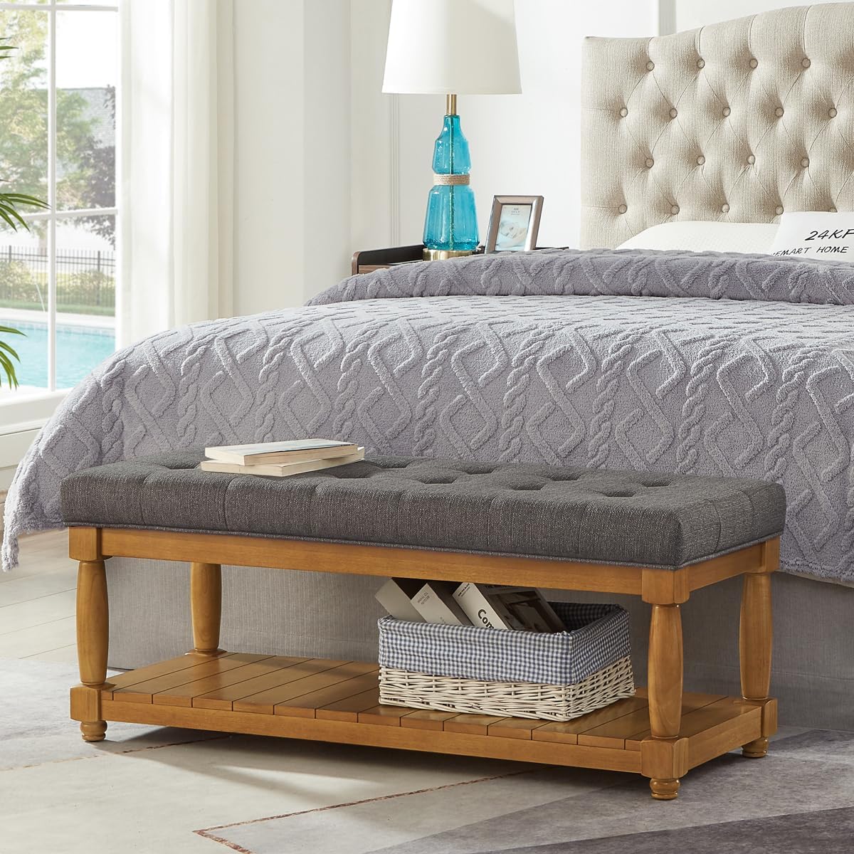 24KF Large Rectangular Upholstered Tufted Bed Bench, Linen Fabric Storage Ottoman Bench for Living Room, Padded Entryway Bench with Solid Wood Shelf,5098-Granite
